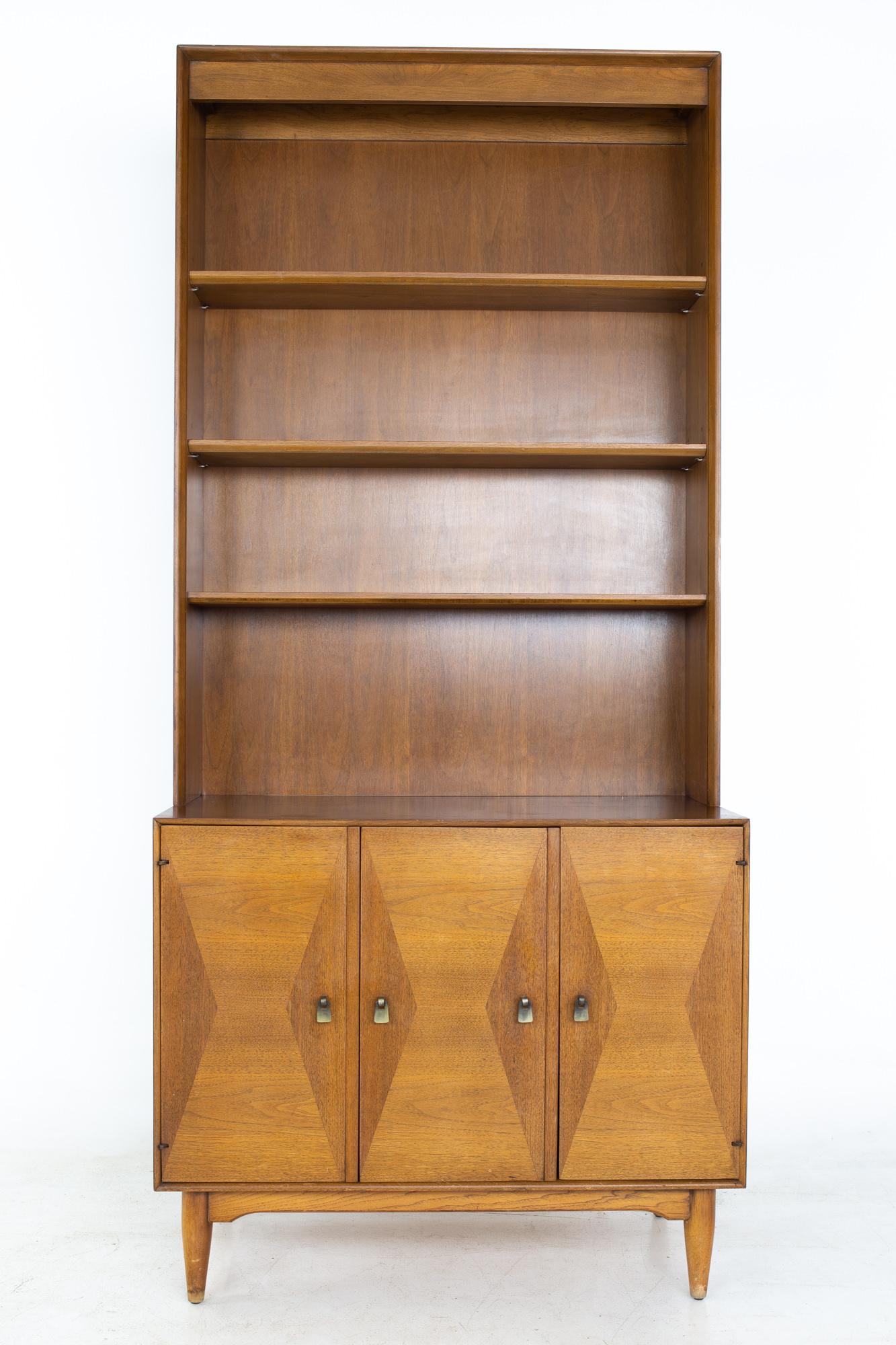 Ramseur Furniture mid century inlaid walnut thin bookcase display sideboard credenza buffet and hutch
Buffet and hutch measure: 36 wide x 19 deep x 80 inches high

All pieces of furniture can be had in what we call restored vintage condition.