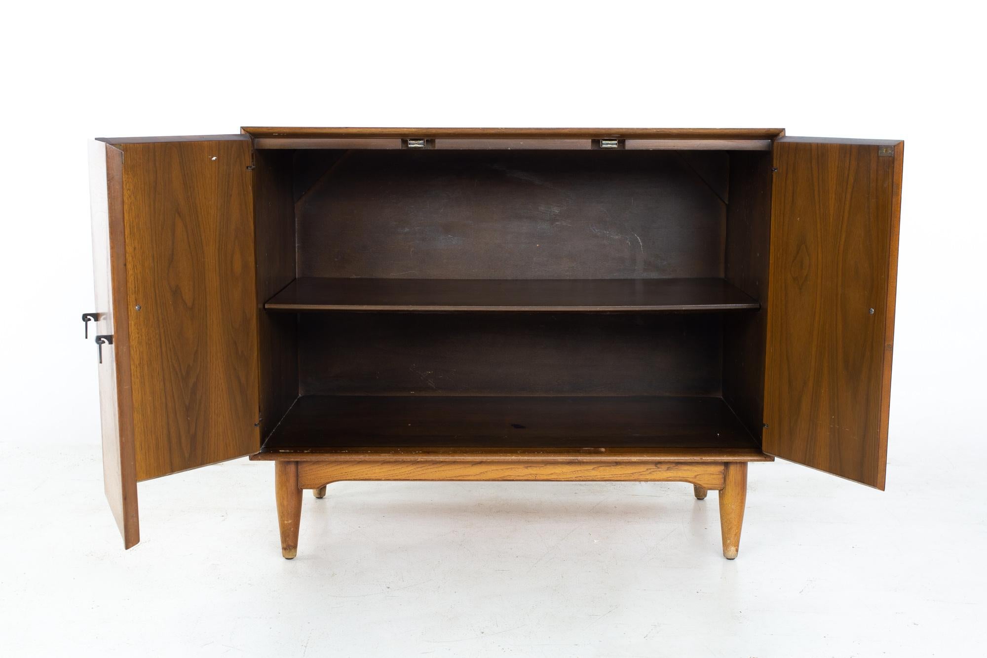 Late 20th Century Ramseur MCM Inlaid Walnut Thin Bookcase Sideboard Credenza Buffet and Hutch