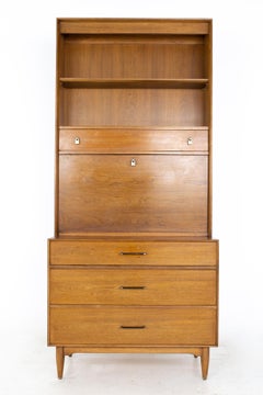 Ramseur MCM Walnut Thin Drop Front Secretary Desk Bar Credenza Buffet and Hutch