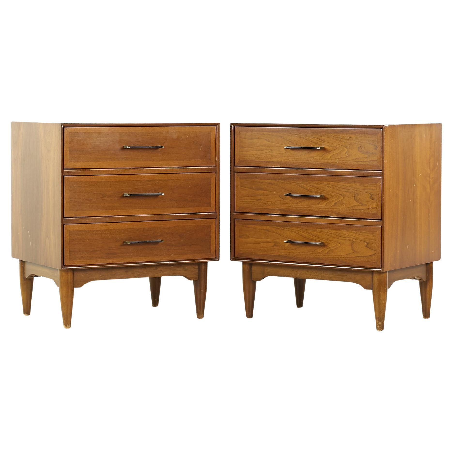 Pair of MidCentury American Walnut Triple Drawer Nightstands by Heritage at 1stDibs