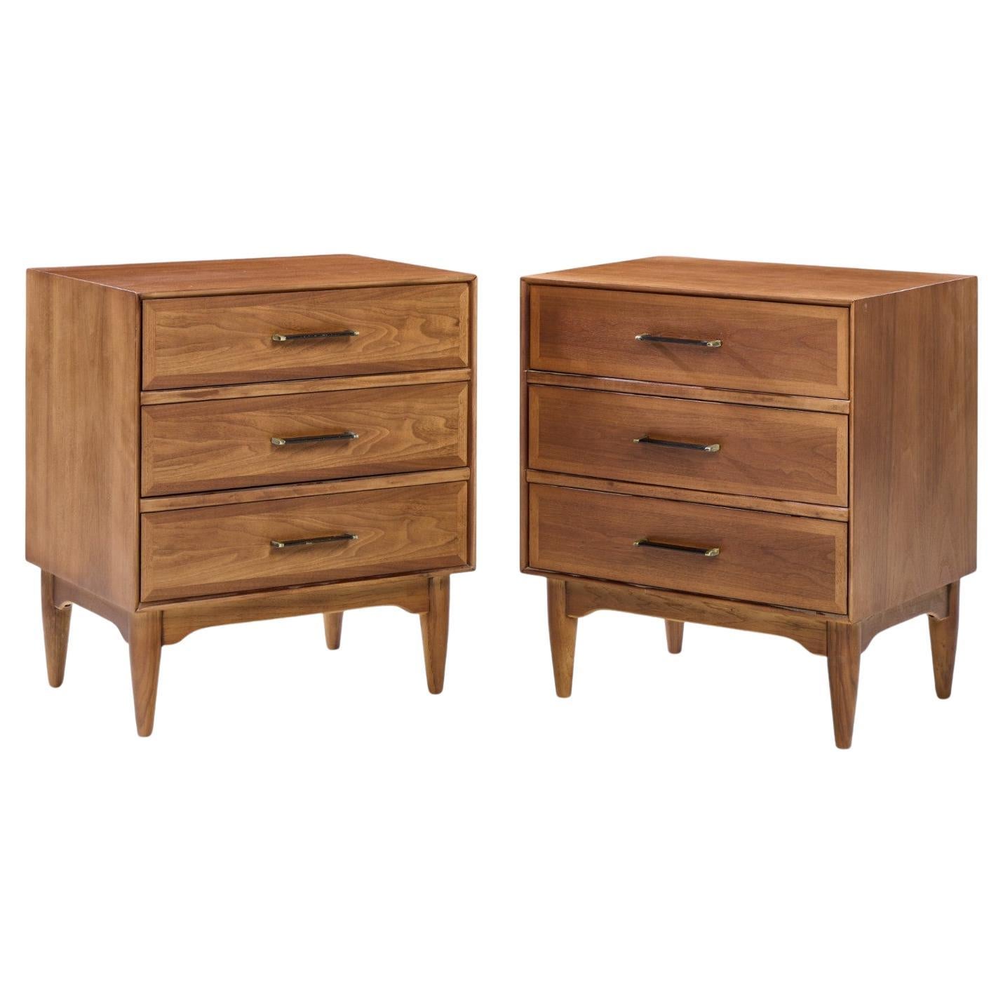 Ramseur Mid Century Walnut 3-Drawer Nightstands - Pair