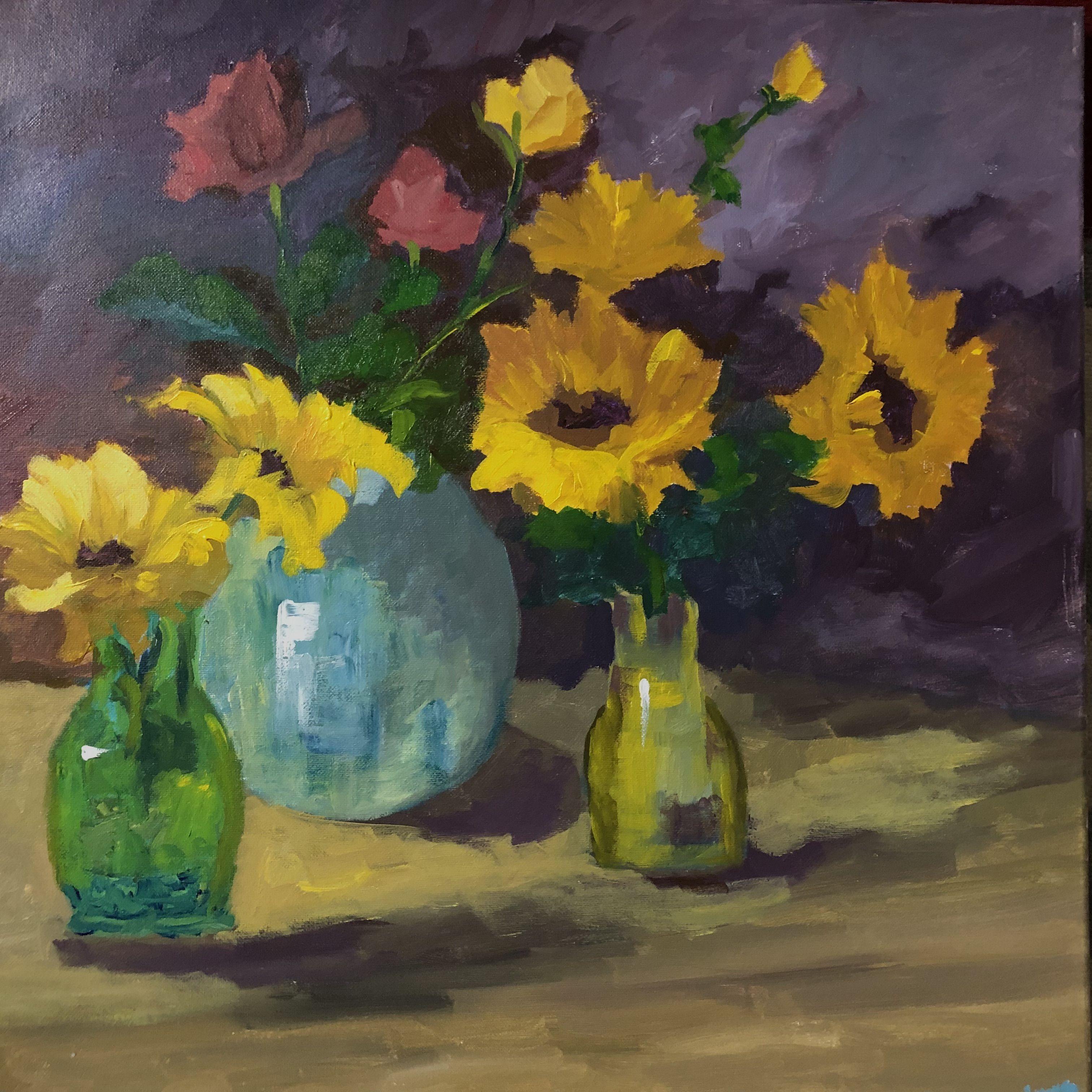 still life composition on sunflowers :: Painting :: Impressionist :: This piece comes with an official certificate of authenticity signed by the artist :: Ready to Hang: No :: Signed: Yes :: Signature Location: bottom right :: Canvas :: Diagonal ::