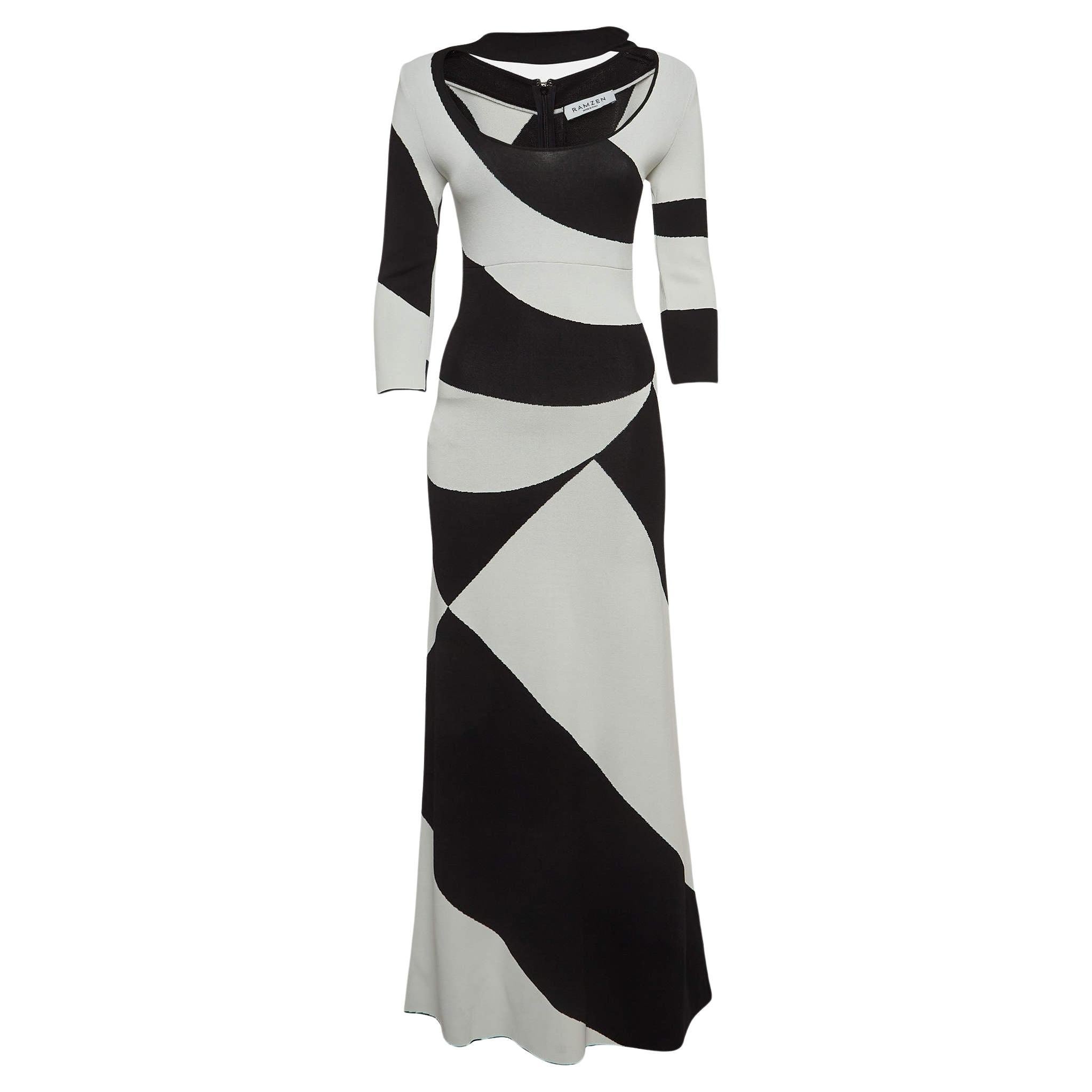 Ramzen Black/White Striped Knit Maxi Dress S For Sale