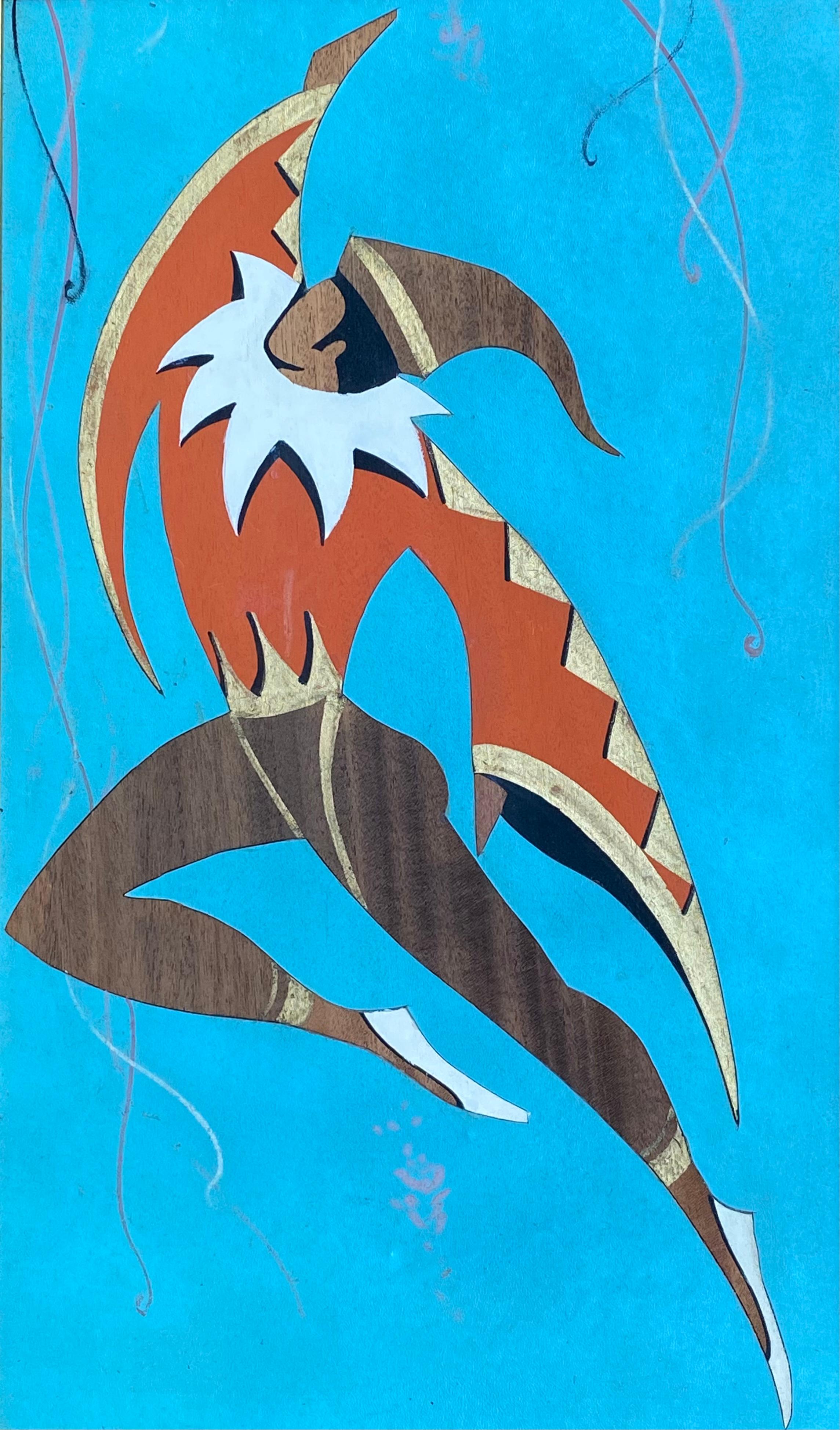 Dramatic mixed media composition of fabric, inlaid wood veneers, paint and gold leaf laid down on masonite. Um 1950.  Condition is very good. Ran Su Studio label verso. Titled verso. The veneers are mainly mahogany.  Mardi Gras dancer in an action