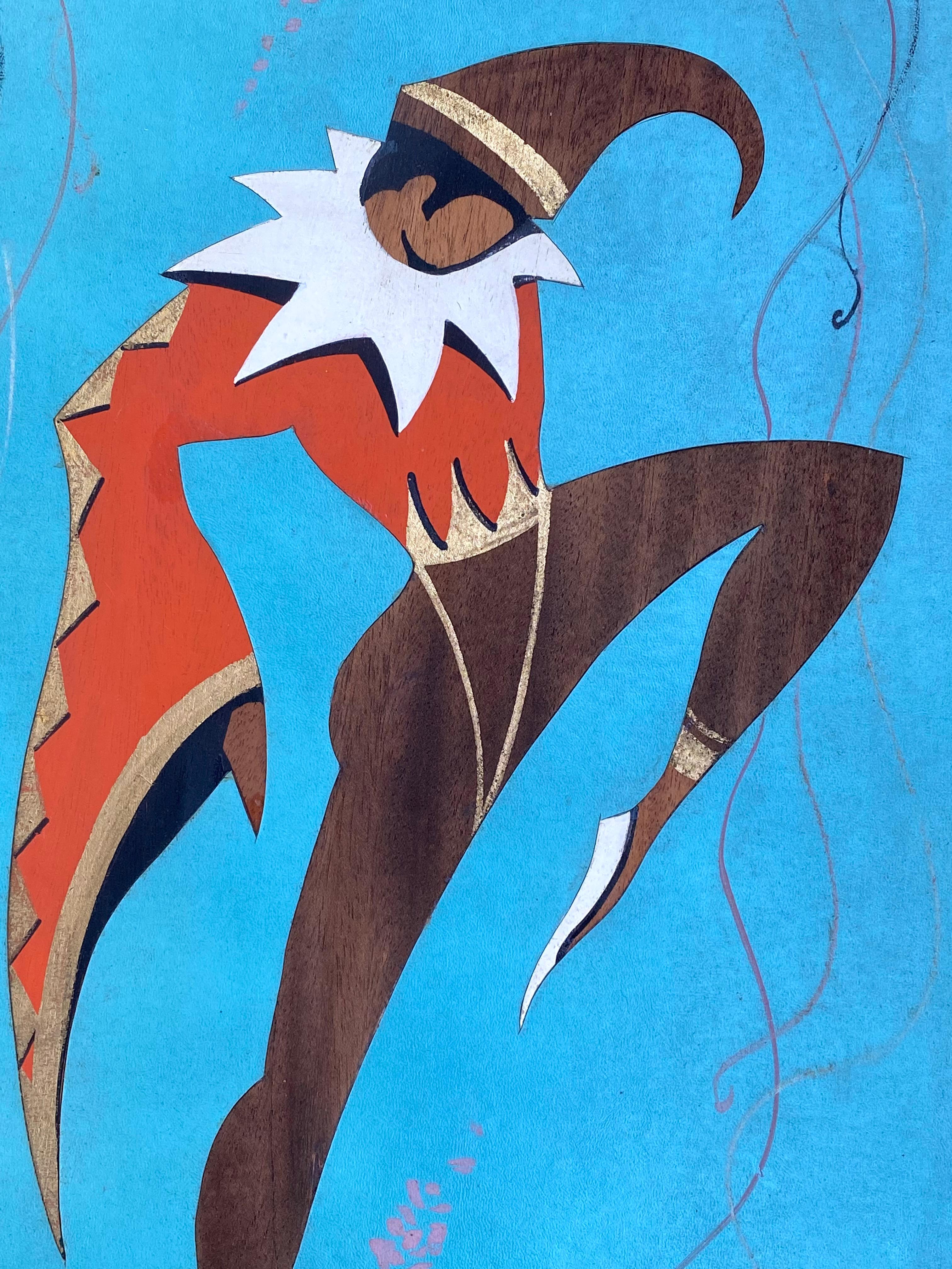 Dramatic mixed media composition of fabric, inlaid wood veneers, paint and gold leaf laid down on masonite. Um 1950.  Condition is very good. Ran Su Studio label verso. Titled verso. The veneers are mainly mahogany.  Mardi Gras dancer in an action