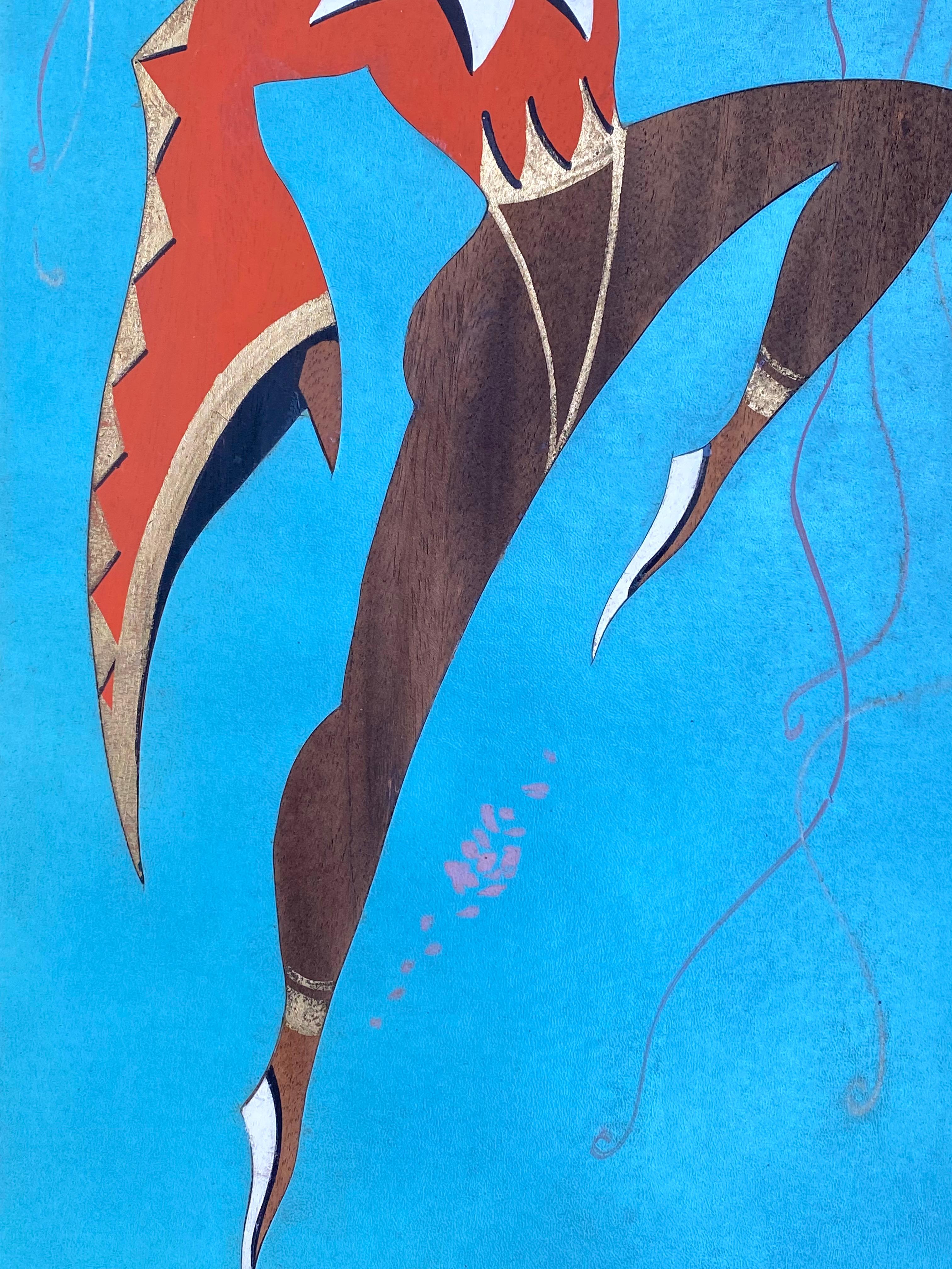 Dramatic mixed media composition of fabric, inlaid wood veneers, paint and gold leaf laid down on masonite. Circa 1950.  Condition is very good. Ran Su Studio label verso. Titled verso. The veneers are mainly mahogany.  Mardi Gras dancer in an