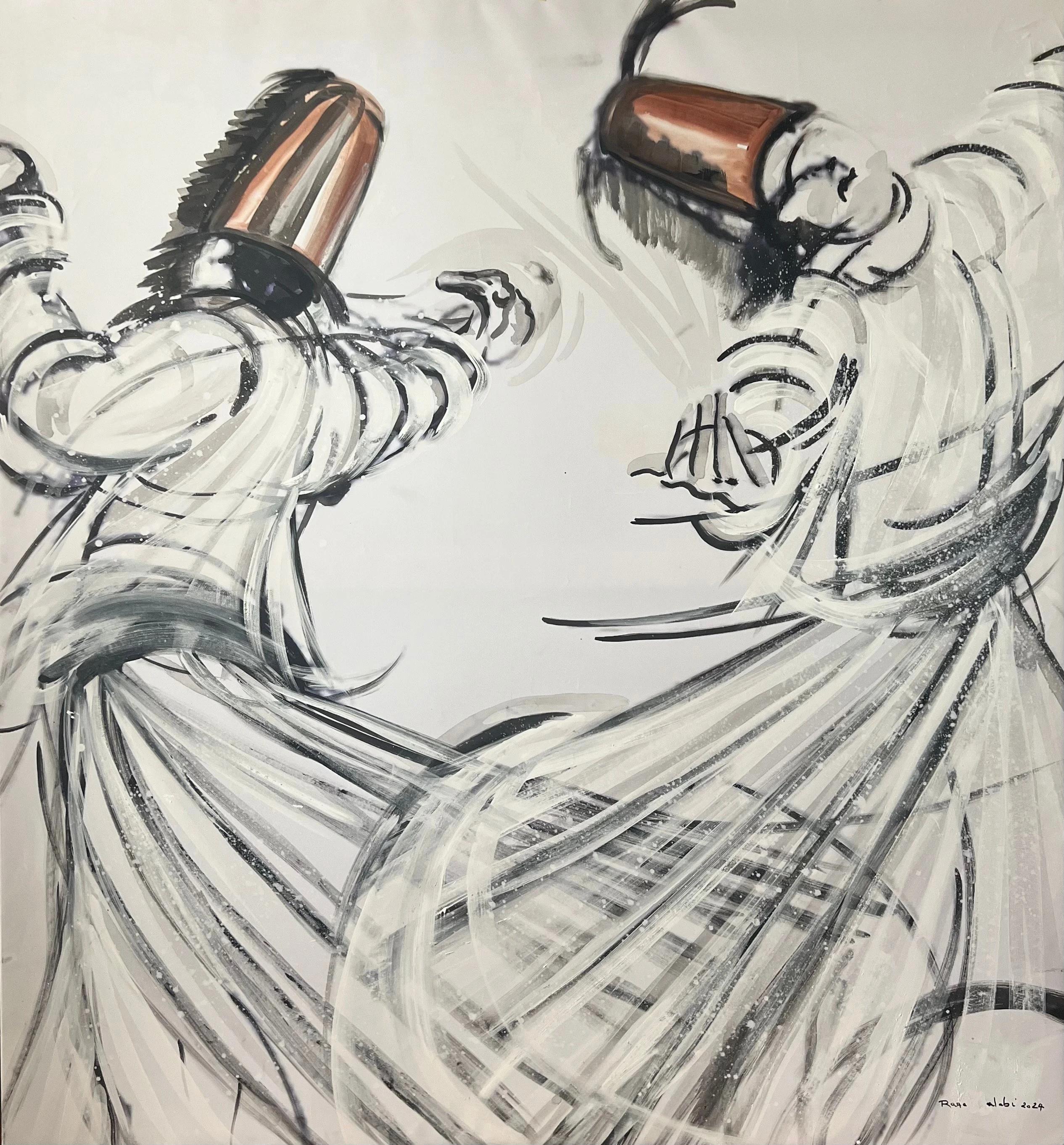 "Dervish Pair" Painting 55" x 51" inch by Rana Chalabi

Rana Chalabi is an established Syrian/Lebanese artist who lived in Cairo for over 35 years and now lives between Beirut, Cairo and Amsterdam.  

She is a visionary artist whose work spans a