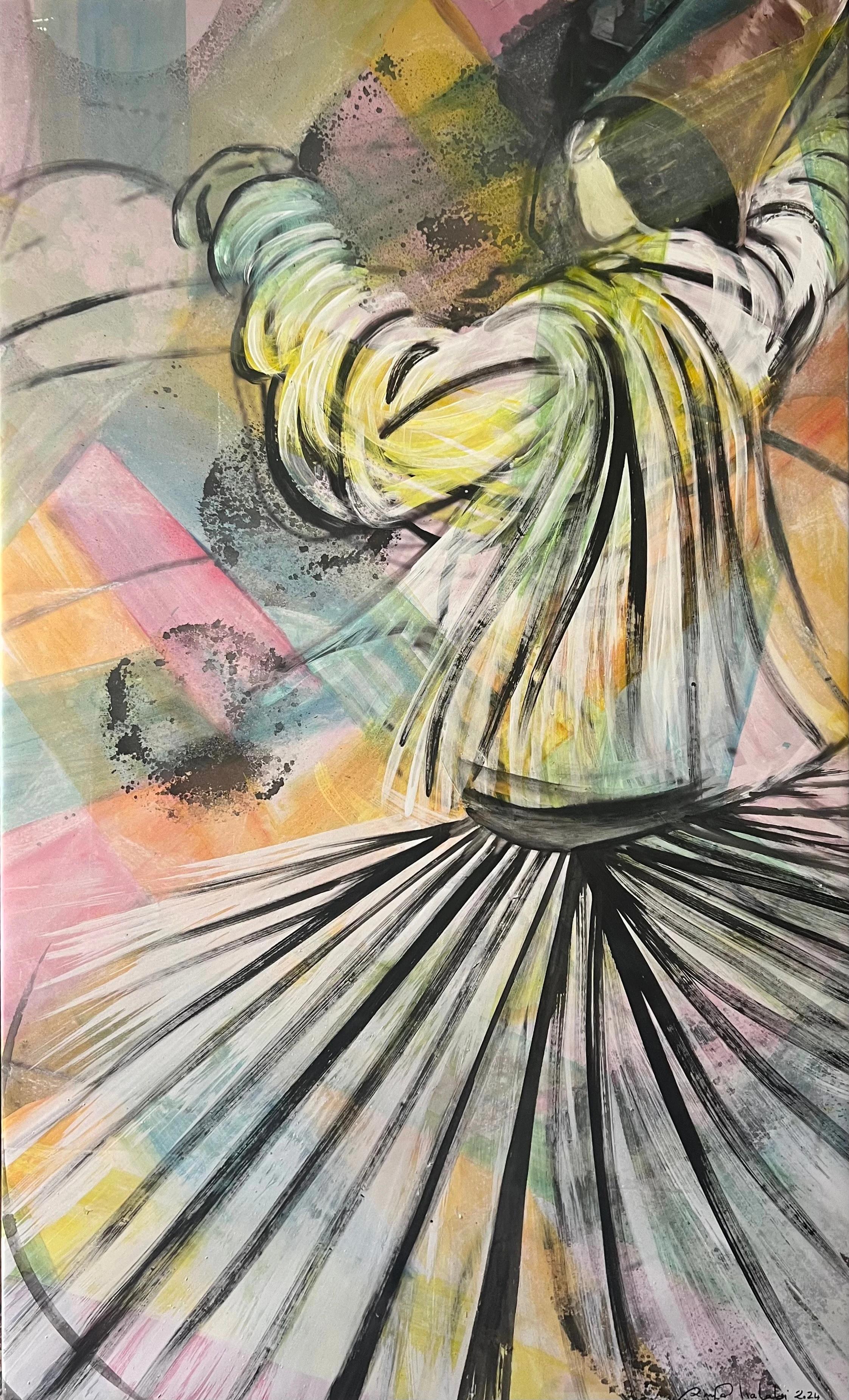 "Multicolor Dervish" Painting 55" x 34" inch by Rana Chalabi

Rana Chalabi is an established Syrian/Lebanese artist who lived in Cairo for over 35 years and now lives between Beirut, Cairo and Amsterdam.  

She is a visionary artist whose work spans