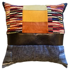 Ranch Blue Leather Accent Pillow with Blue Leather and Knubby Back Ranch Blue Leather Accent Pillow with Blue Leather and Knubby Back