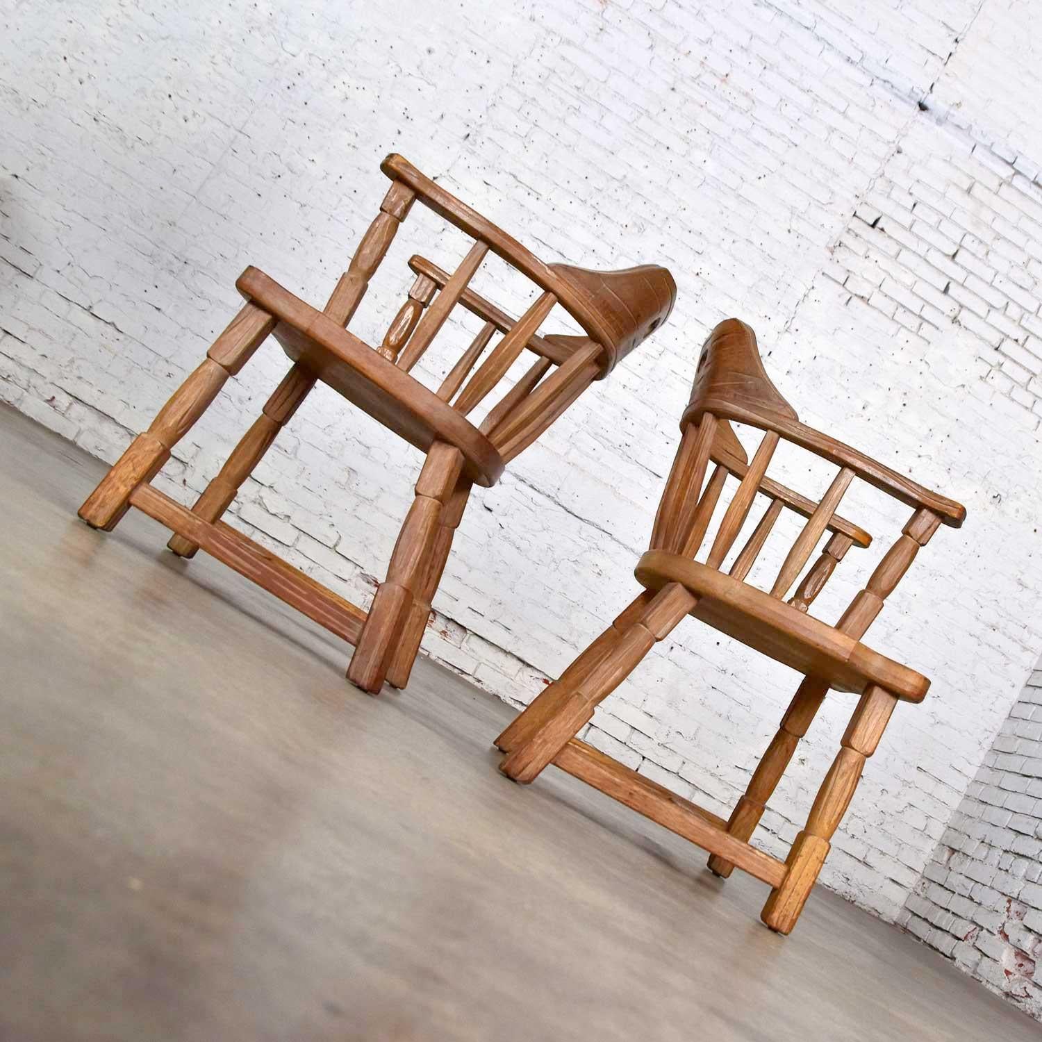 Rustic Ranch Oak Captains Armchairs by A. Brandt in Natural Oak Finish a Pair