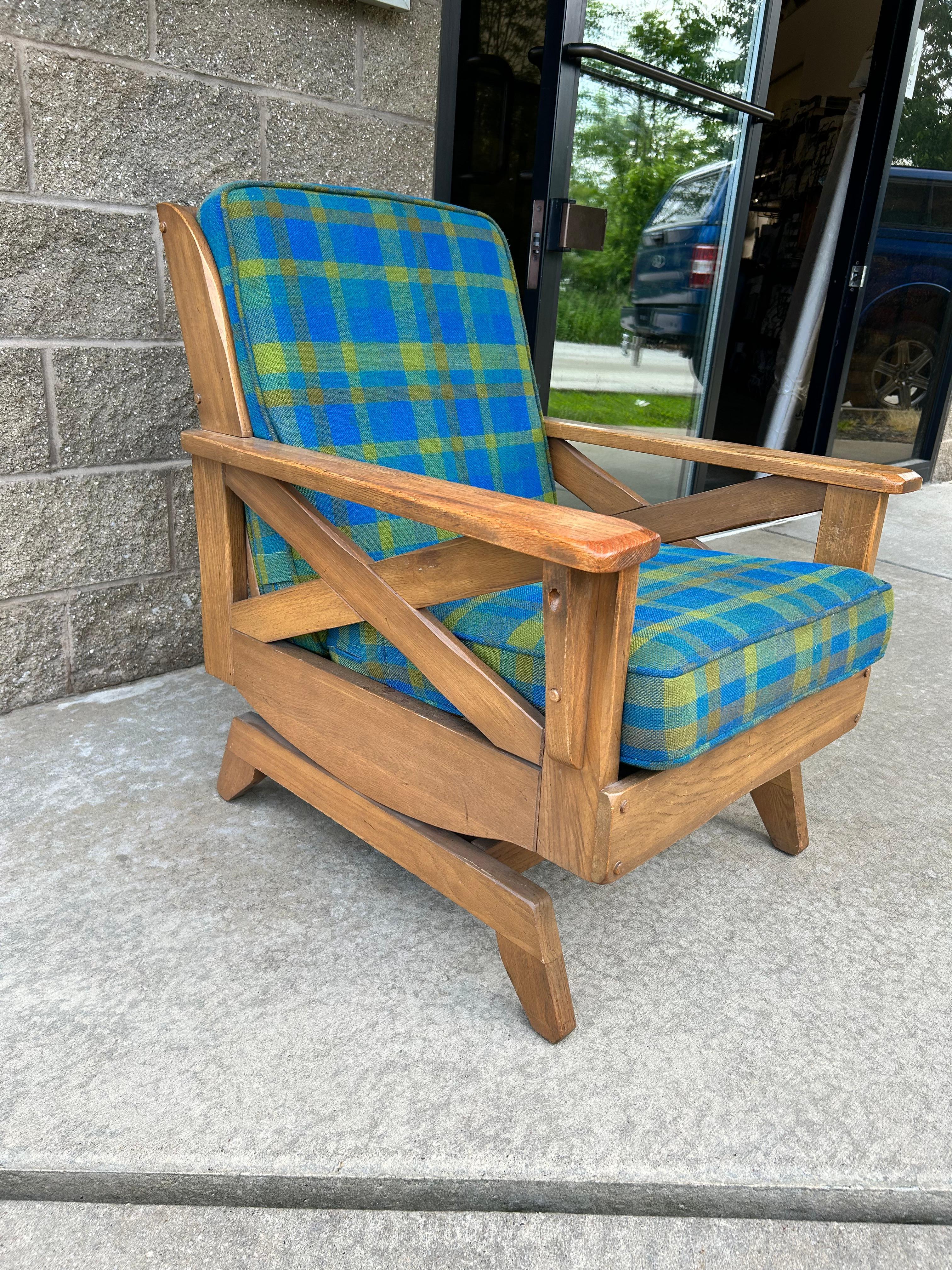 American Ranch Oak Rocking Chair-Blue and Green Plaid For Sale
