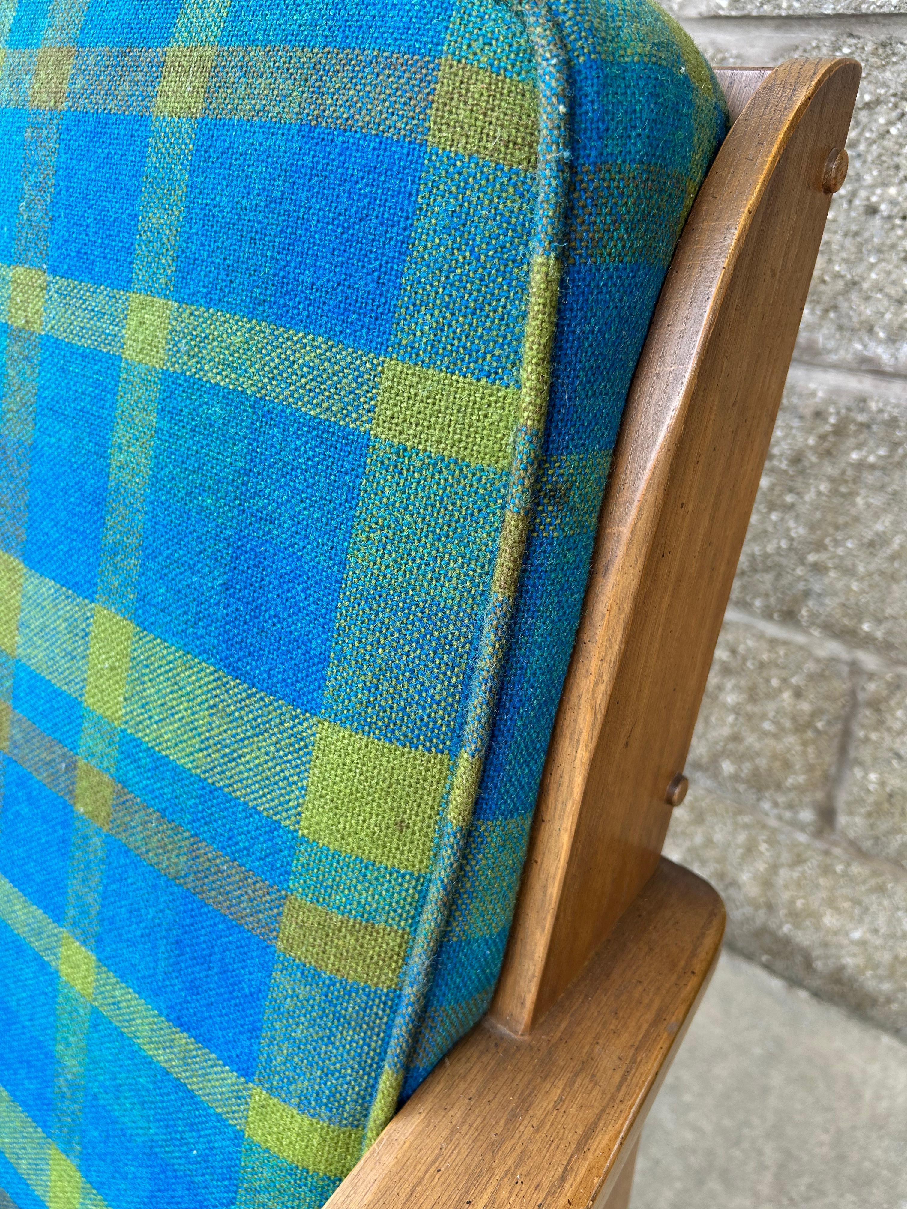 Mid-20th Century Ranch Oak Rocking Chair-Blue and Green Plaid For Sale