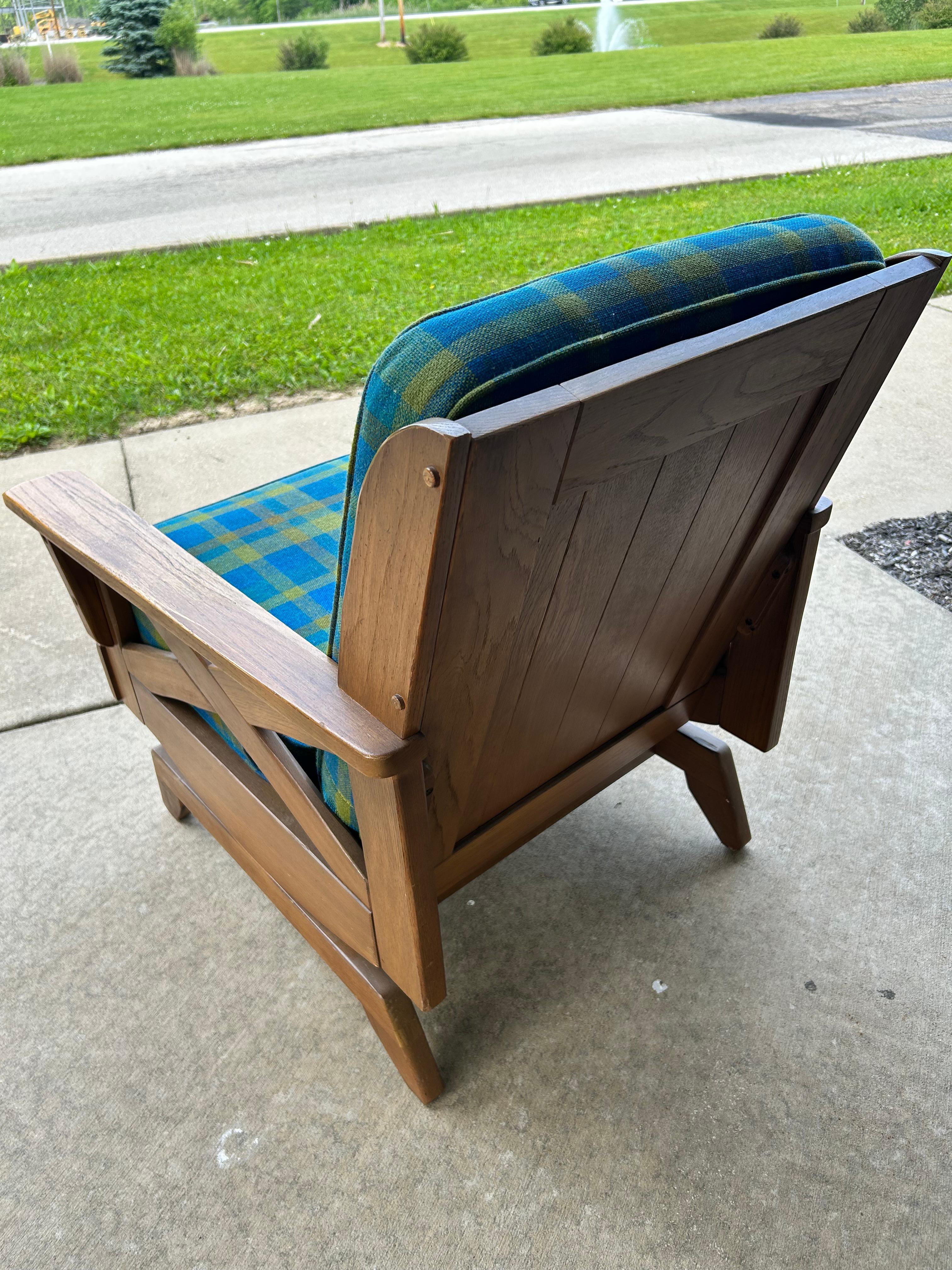 Fabric Ranch Oak Rocking Chair-Blue and Green Plaid For Sale