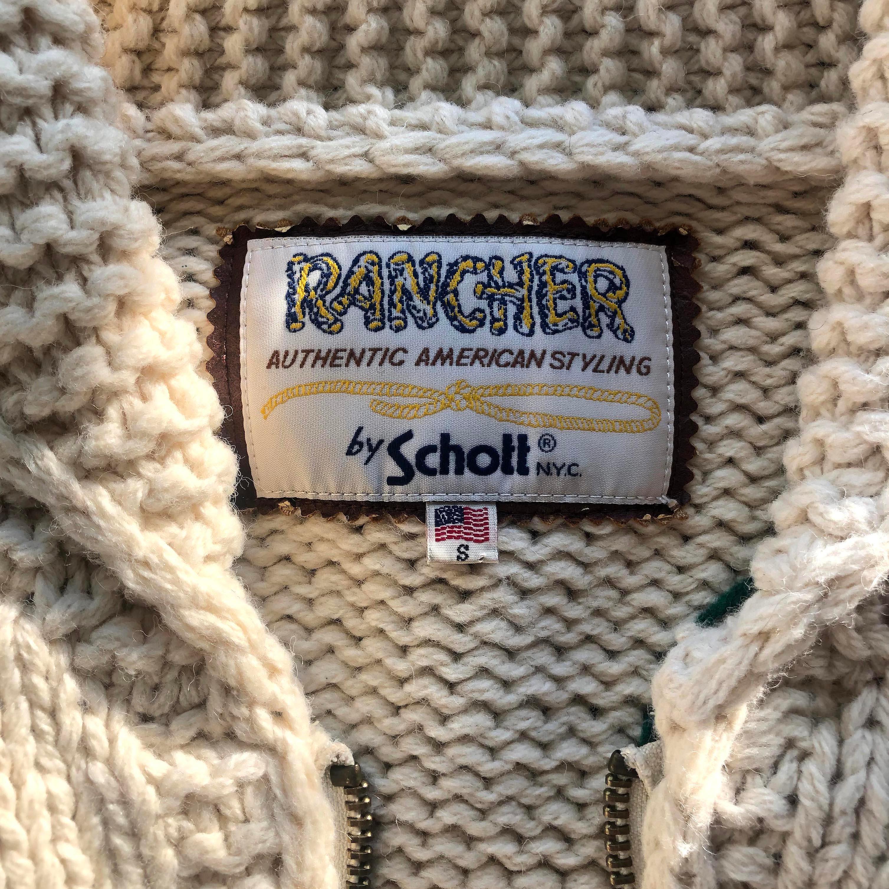 Rancher by Schott Chunky Knit Cardigan Brown Knitted Eagle Motif - 1990s Vintage In Good Condition In KENT, GB
