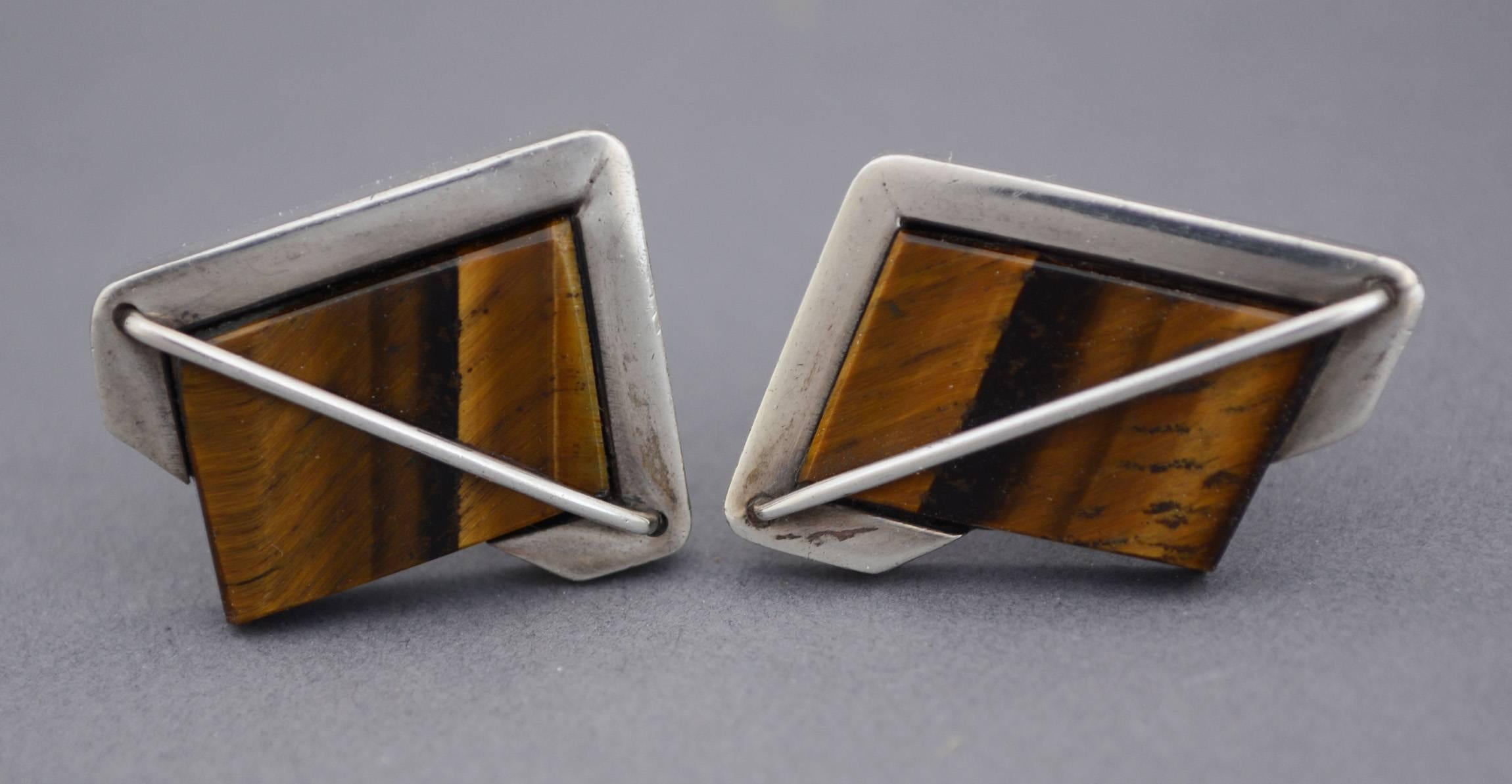 Mexican Rancho Alegre Modernist Sterling and Tiger Eye Cuff Links For Sale