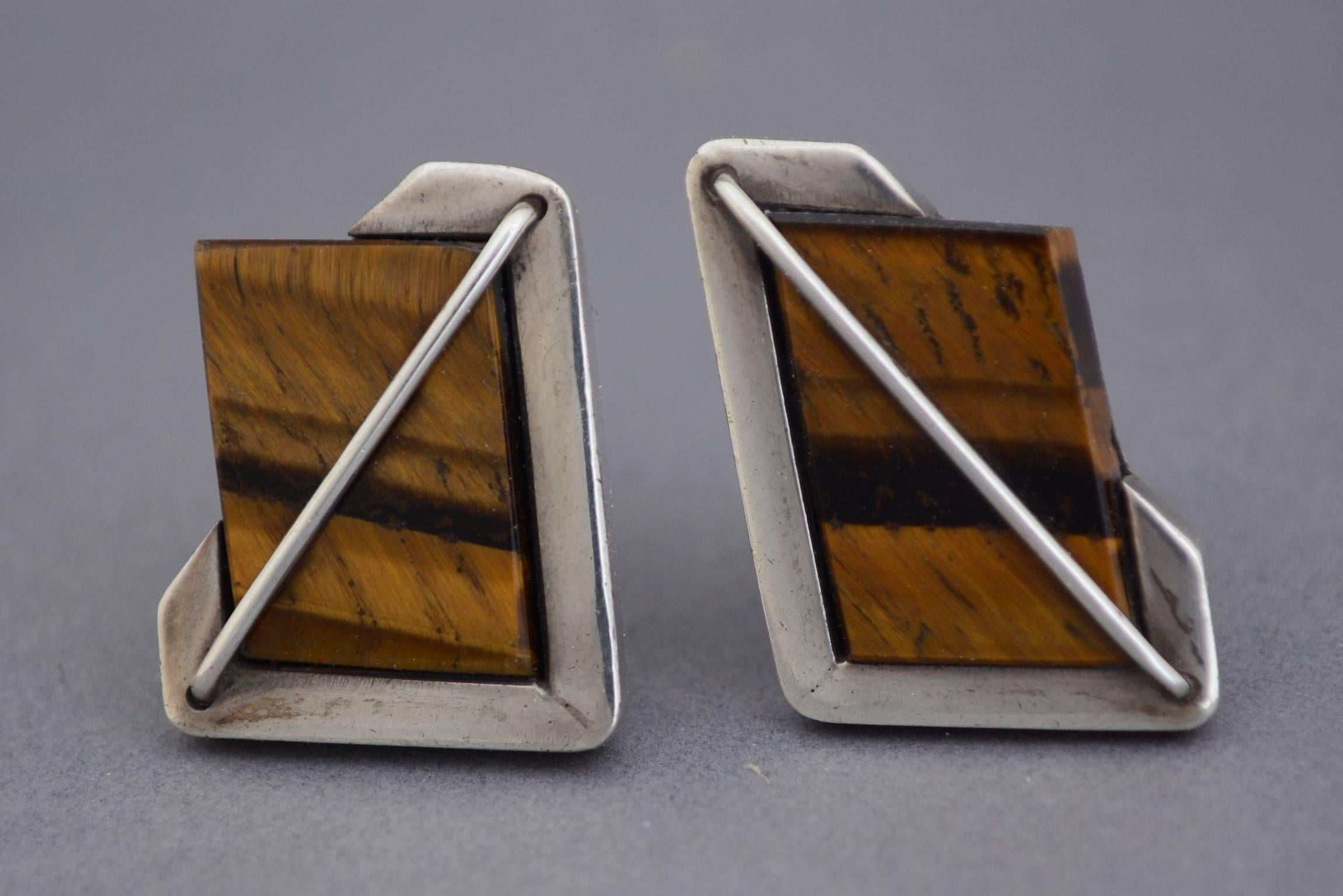 Mid-20th Century Rancho Alegre Modernist Sterling and Tiger Eye Cuff Links For Sale