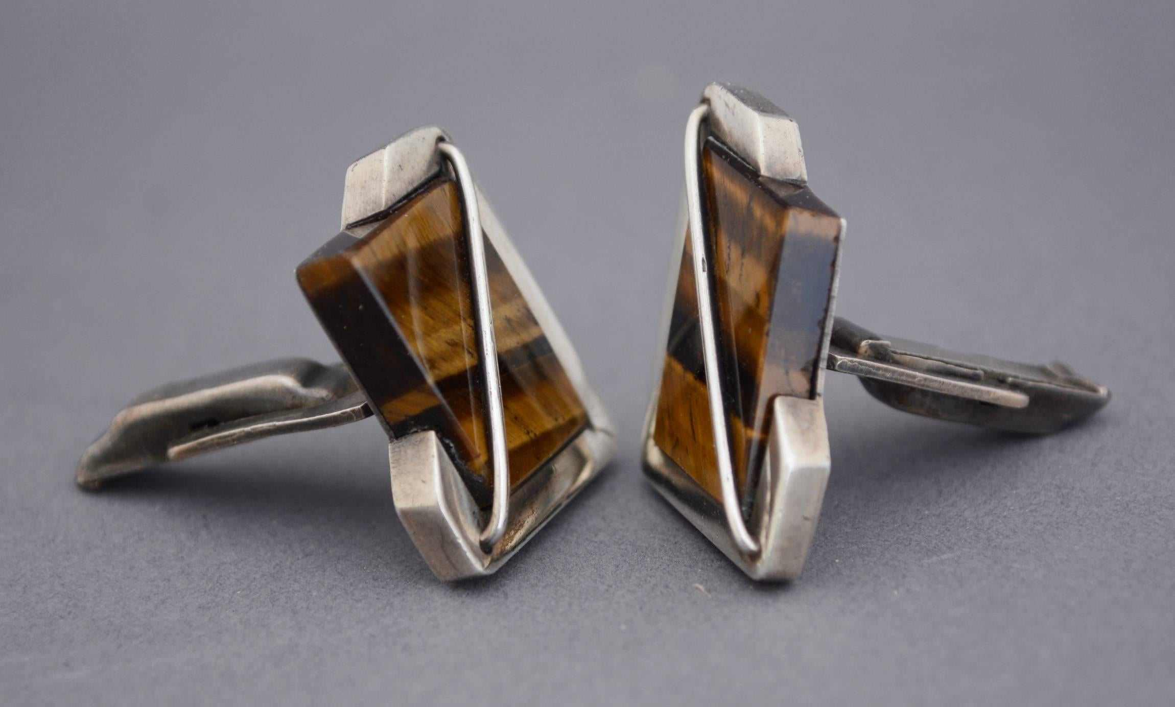 Sterling Silver Rancho Alegre Modernist Sterling and Tiger Eye Cuff Links For Sale