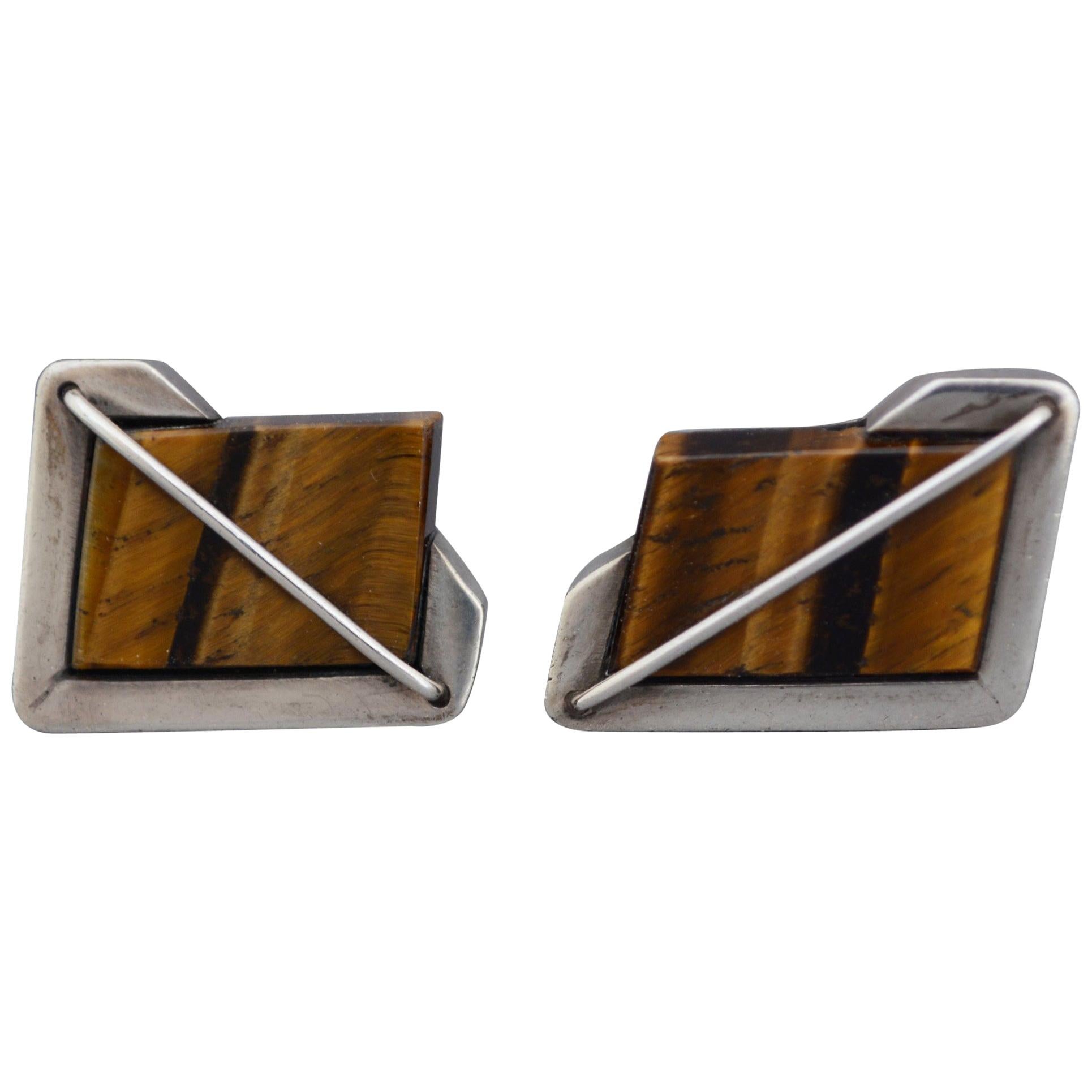 Rancho Alegre Modernist Sterling and Tiger Eye Cuff Links For Sale