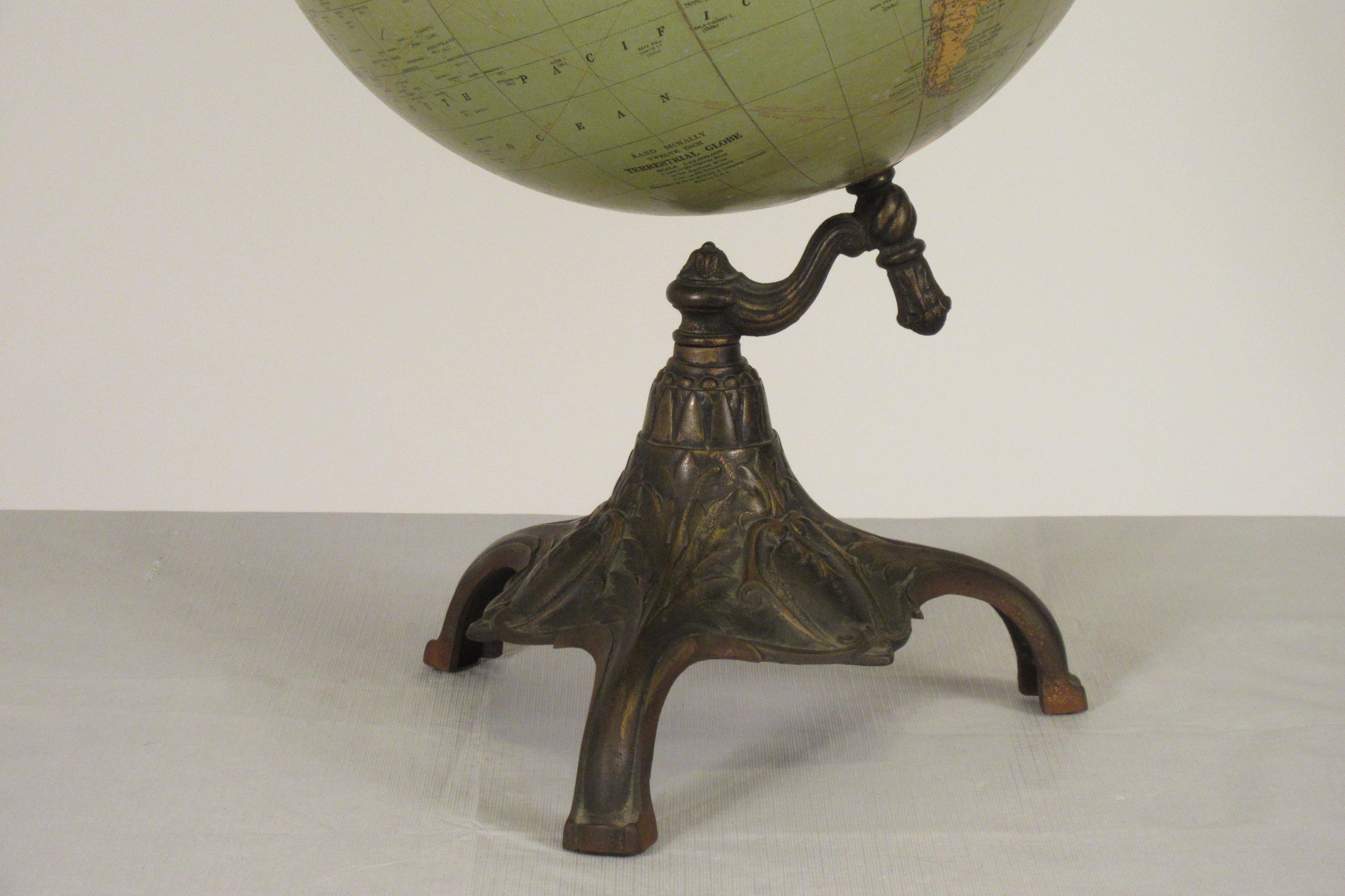 Early 20th Century 1920s Rand McNally Twelve Inch Terrestrial Globe on Bronze Base