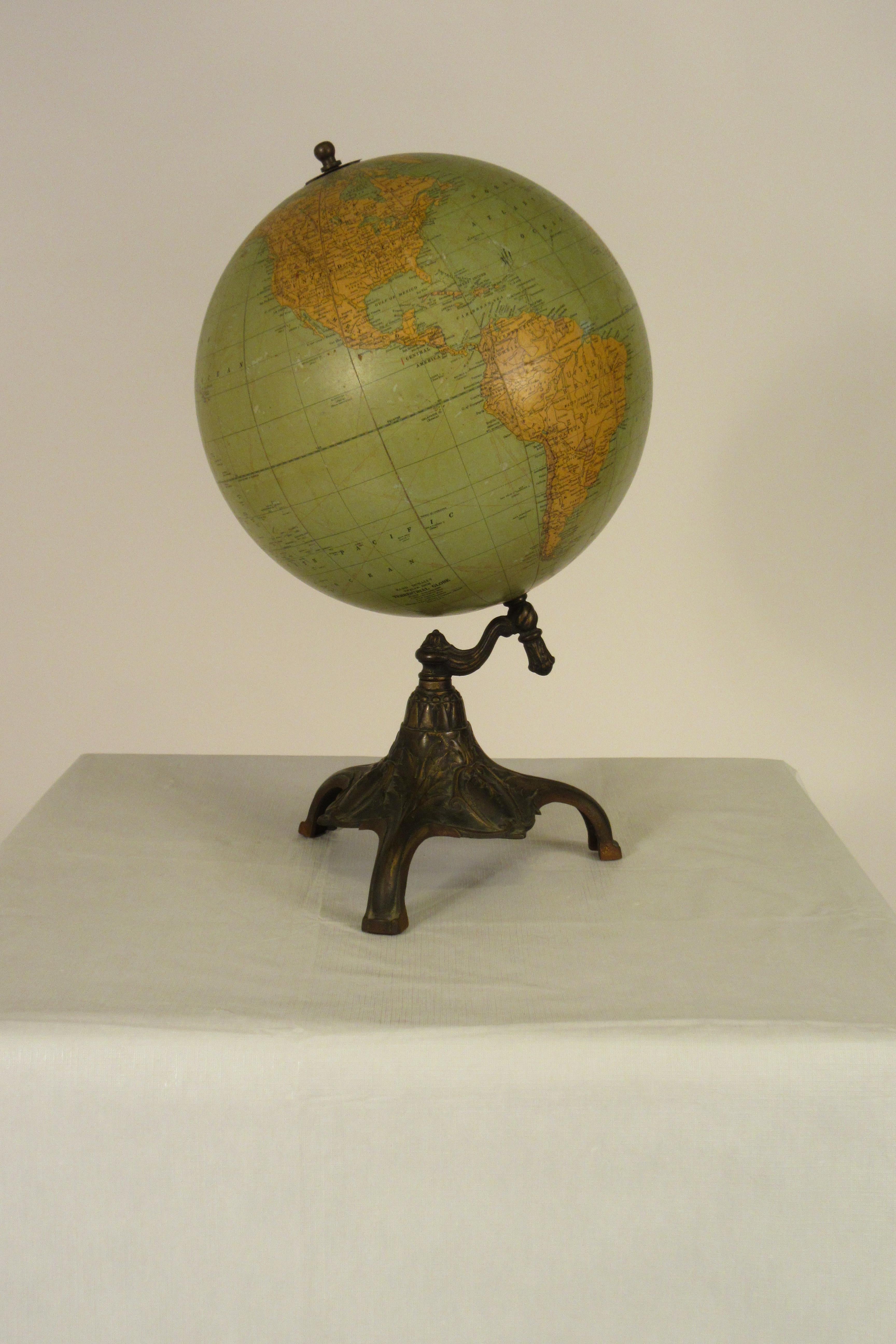 1920s Rand McNally Twelve Inch Terrestrial Globe on Bronze Base 1