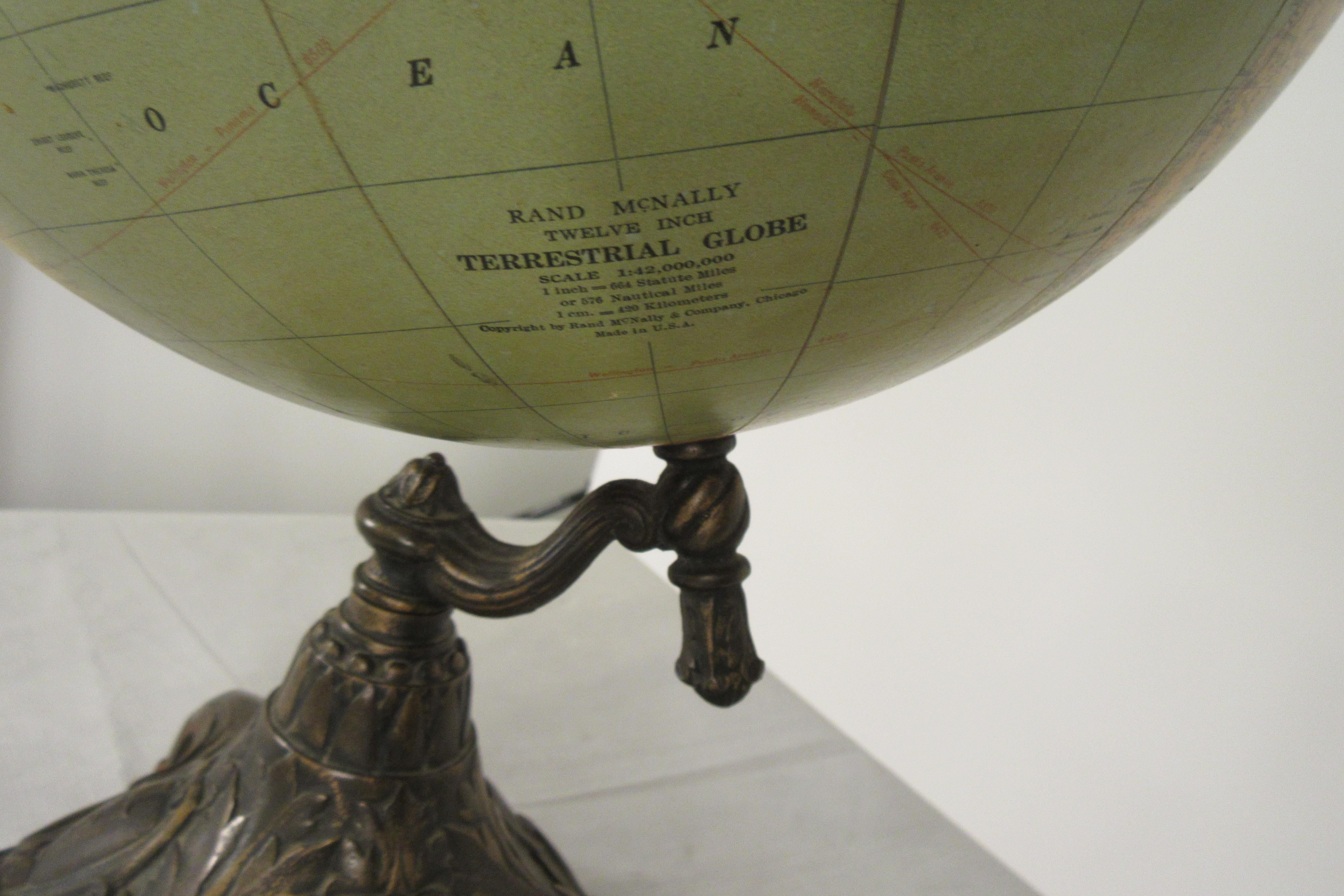 1920s Rand McNally Twelve Inch Terrestrial Globe on Bronze Base 2