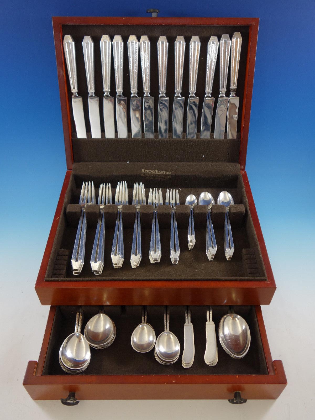 Rare dinner size Randahl sterling silver flatware set of 113 pieces. Handle with unique open design and gorgeous hand-hammered finish. This set includes: 12 dinner size knives, solid handles, 10