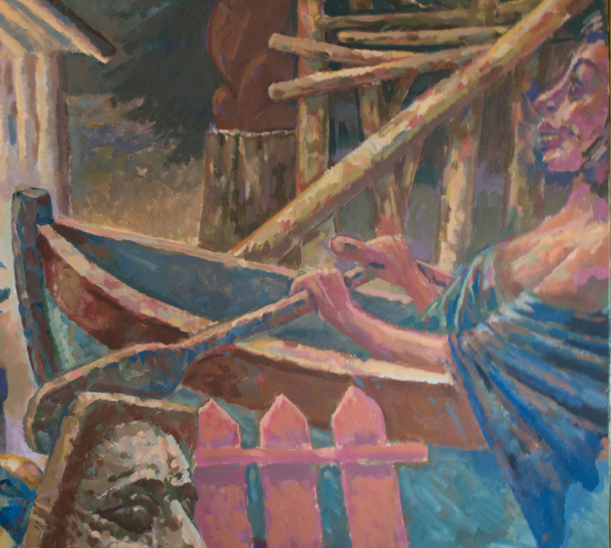The present work is an excellent example of the narrative paintings of Randall Berndt. In the painting, we see a woman in a carved canoe among sculptures and wooden structures - within a forest landscape. 

Of this work,  Berndt wrote: 
