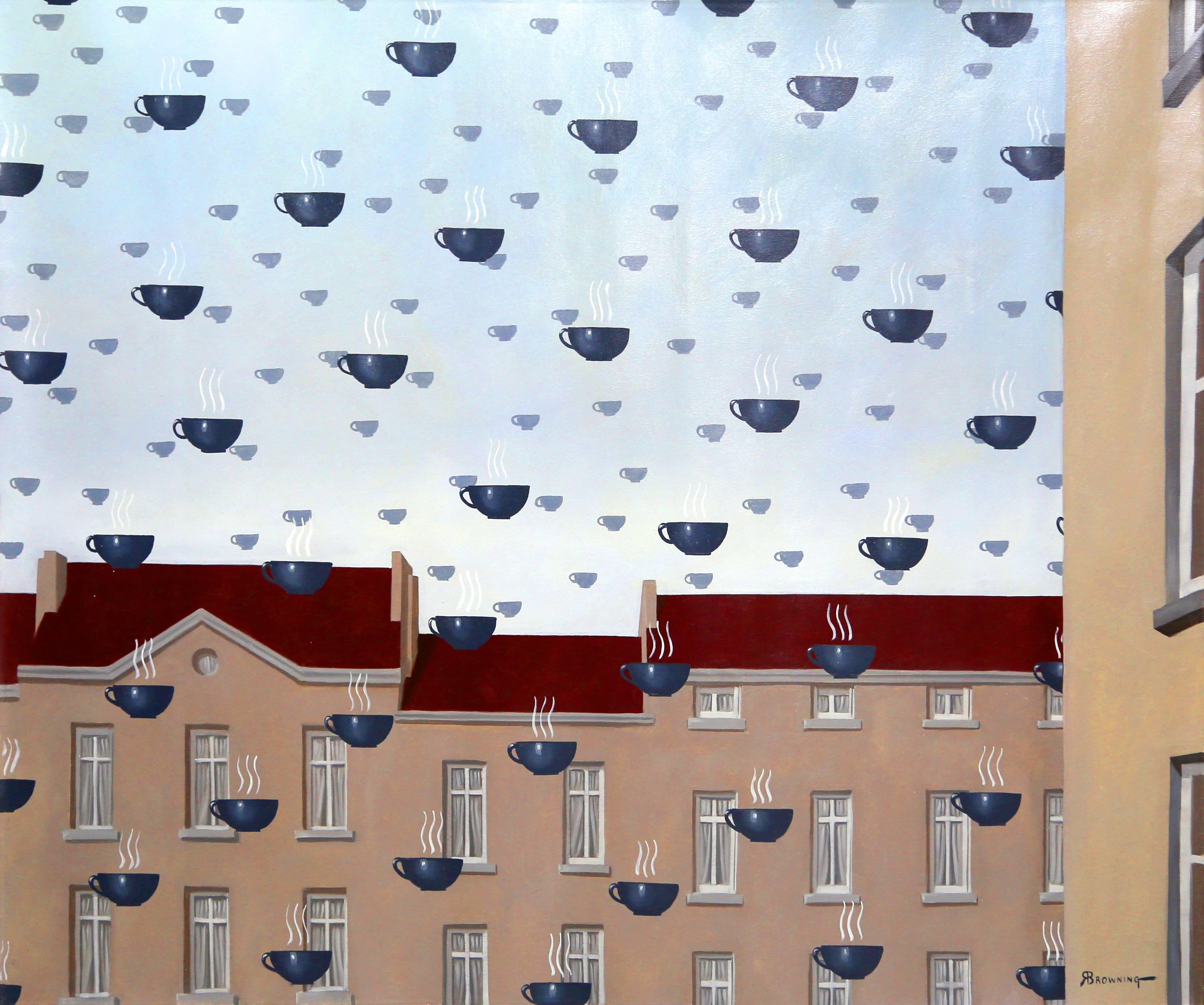 Artist: Randall Browning, American (1955 -  )
Title: Pouring Coffee with Magritte (Magritte says "what, no saucers?")
Year: circa 2005
Medium:	Oil on Canvas, signed l.r. 
Size: 40 x 48 inches