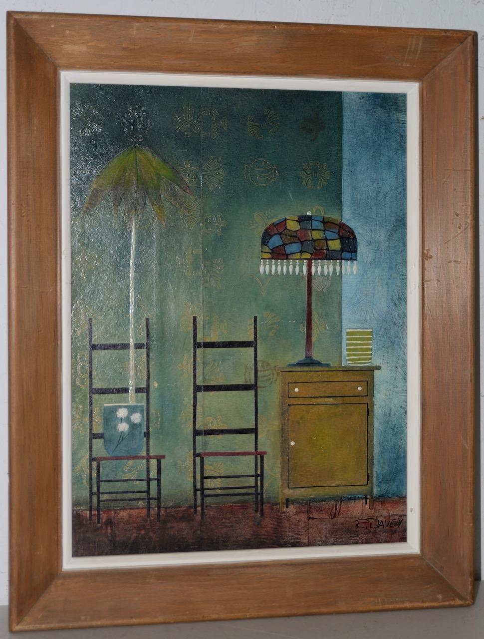 Randall Davey Interior Painting - Robert Davey "Potted Plant" Oil and Collage on Masonite c.1950
