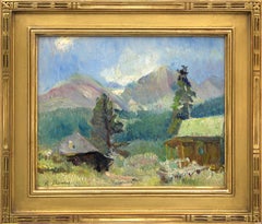 Cabin Near Estes Park, Colorado, 1920s Landscape Oil Painting, Green Blue, Gray
