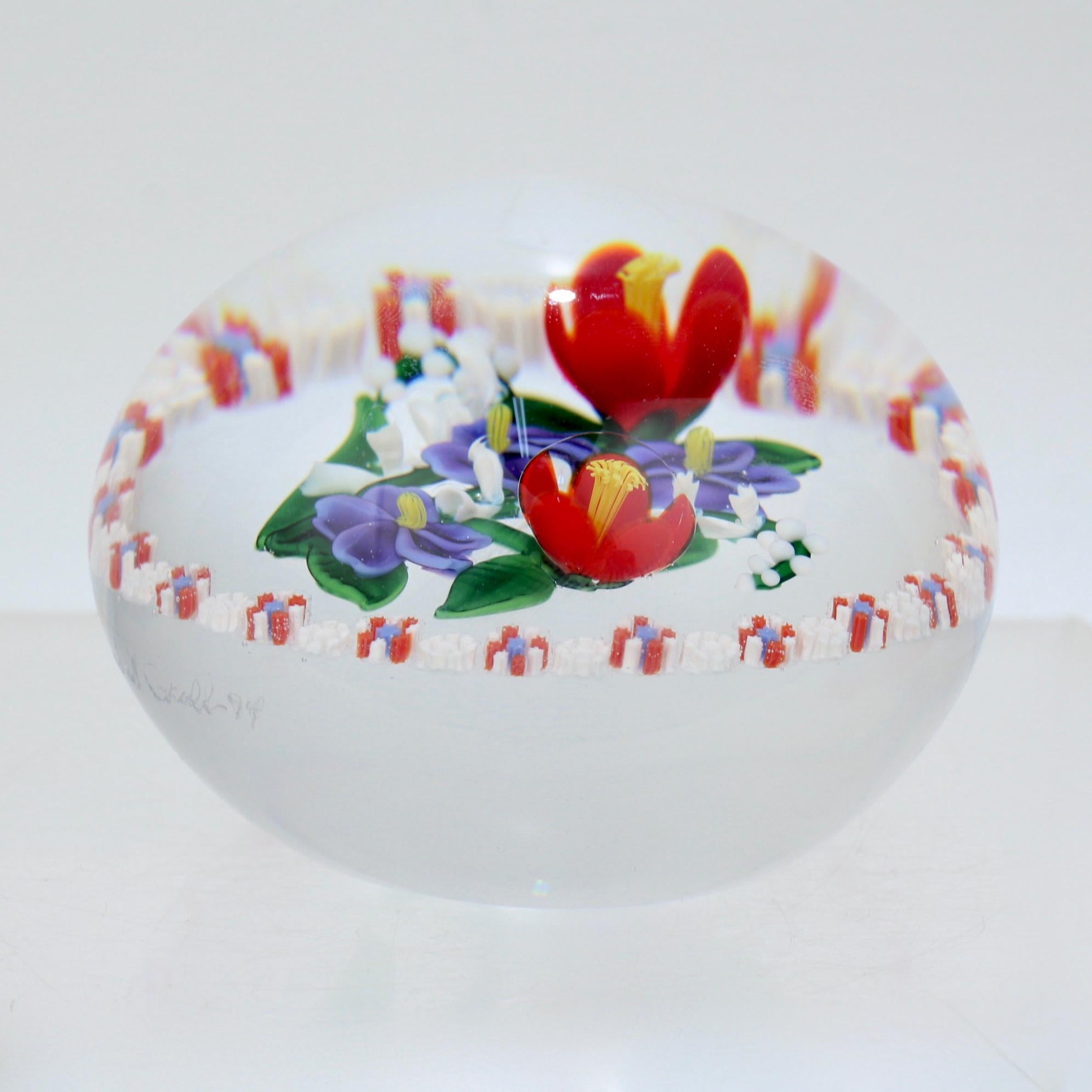 Randall Grubb Flat Flower Bouquet Glass Paperweight with a Millefiori Garland For Sale 2