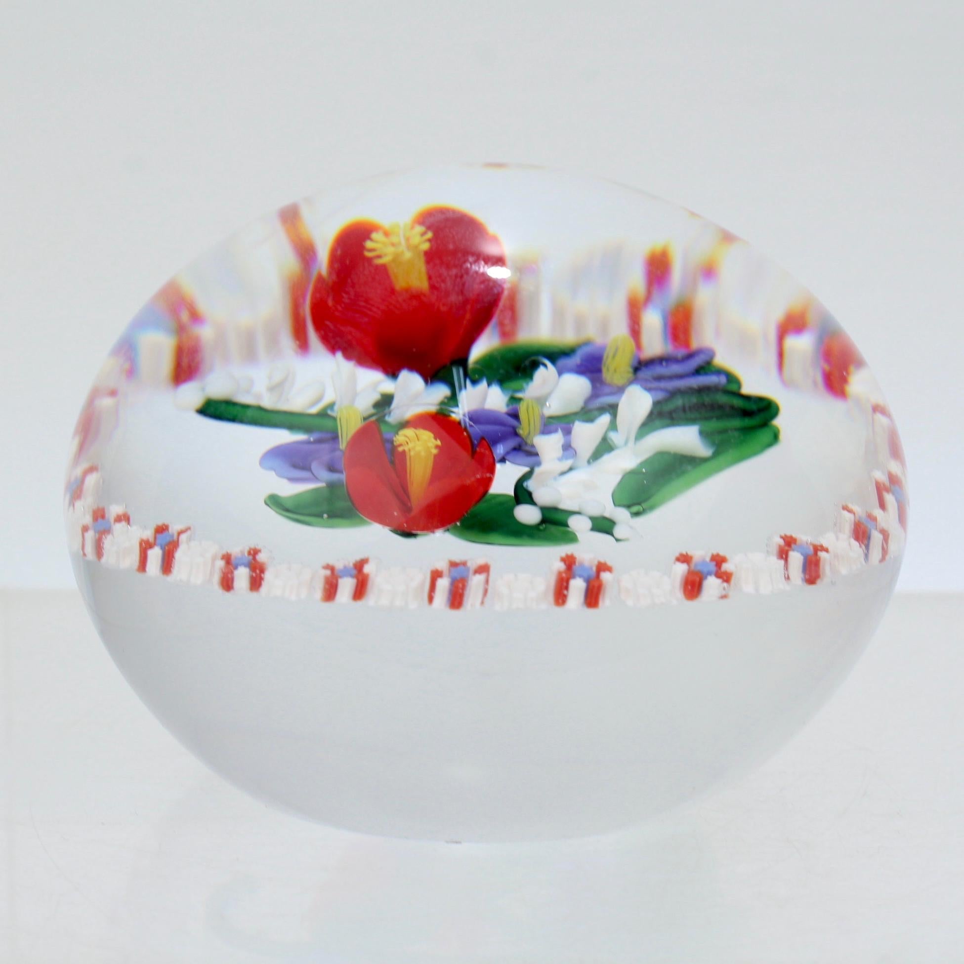 Randall Grubb Flat Flower Bouquet Glass Paperweight with a Millefiori Garland For Sale 3