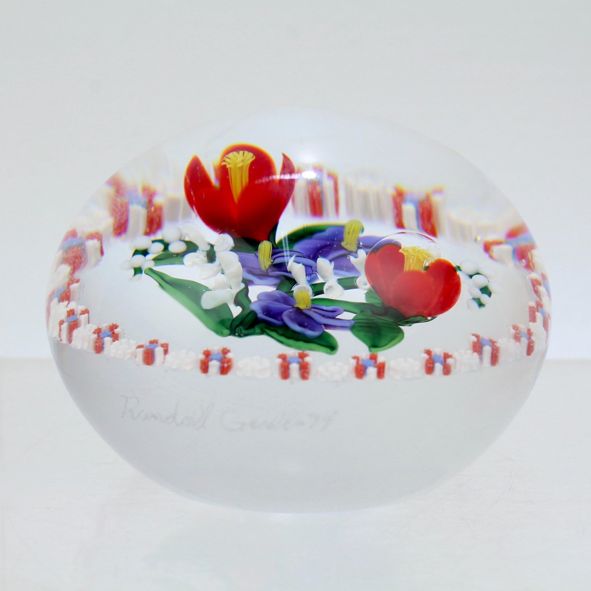 Modern Randall Grubb Flat Flower Bouquet Glass Paperweight with a Millefiori Garland For Sale
