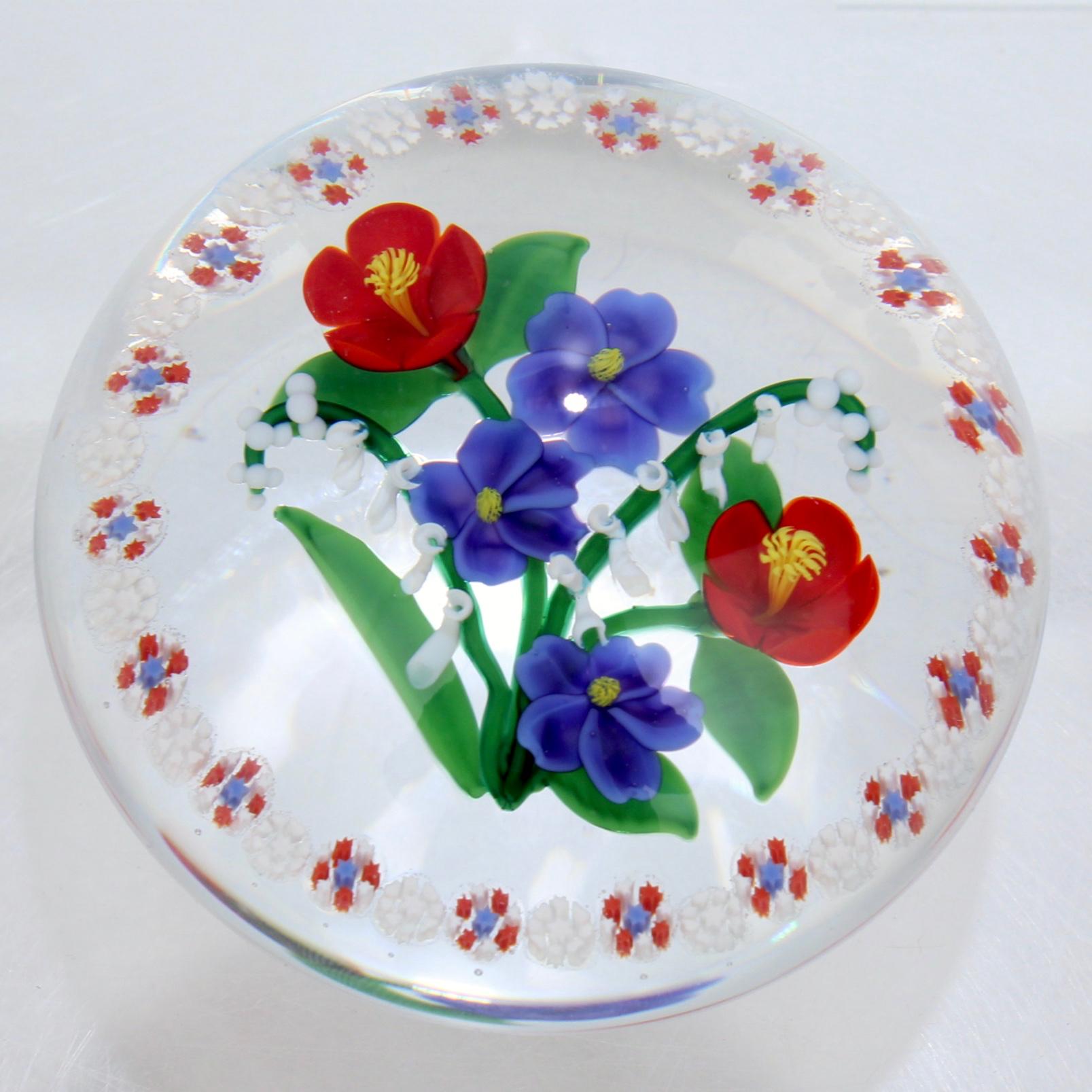 Randall Grubb Flat Flower Bouquet Glass Paperweight with a Millefiori Garland In Good Condition For Sale In Philadelphia, PA