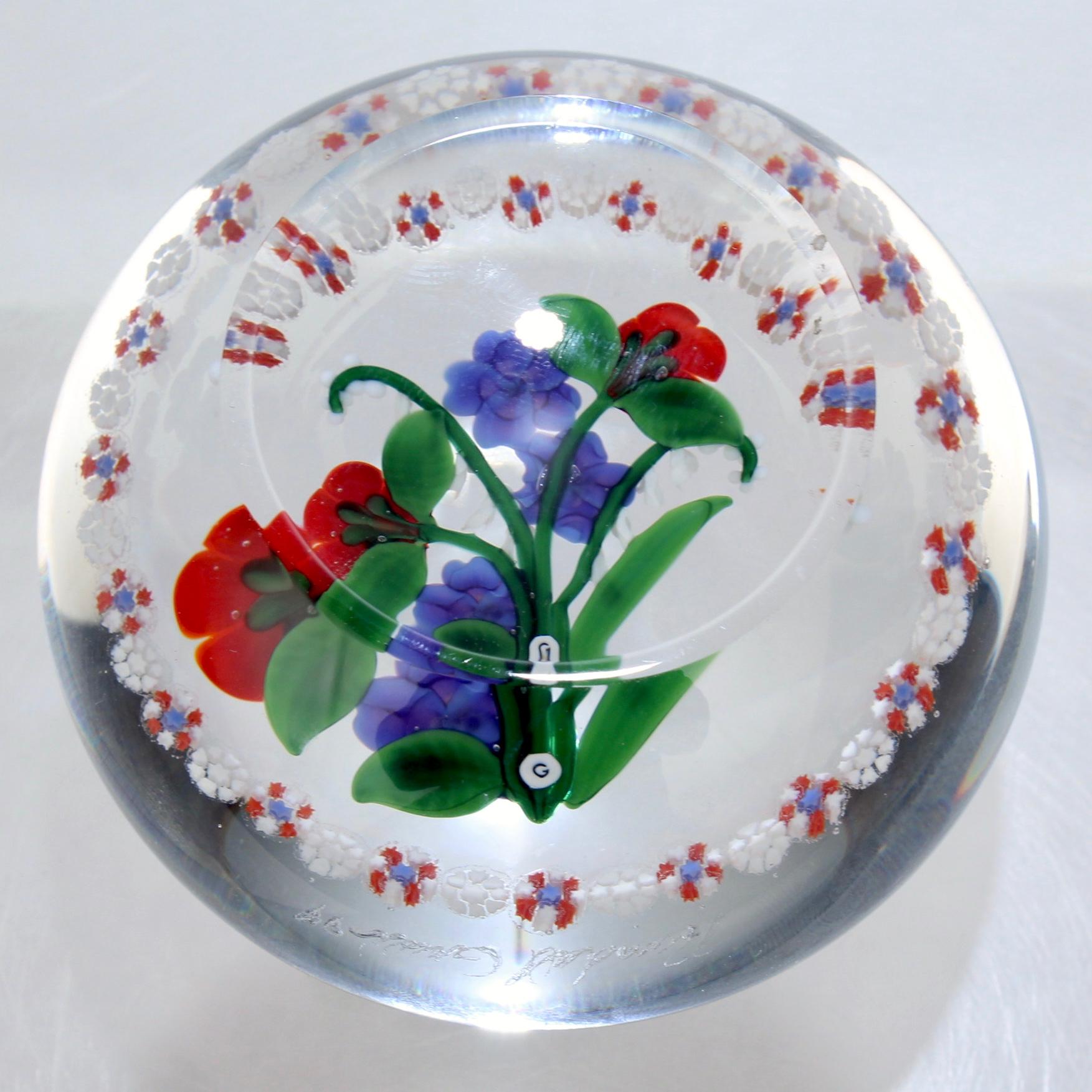 Late 20th Century Randall Grubb Flat Flower Bouquet Glass Paperweight with a Millefiori Garland For Sale