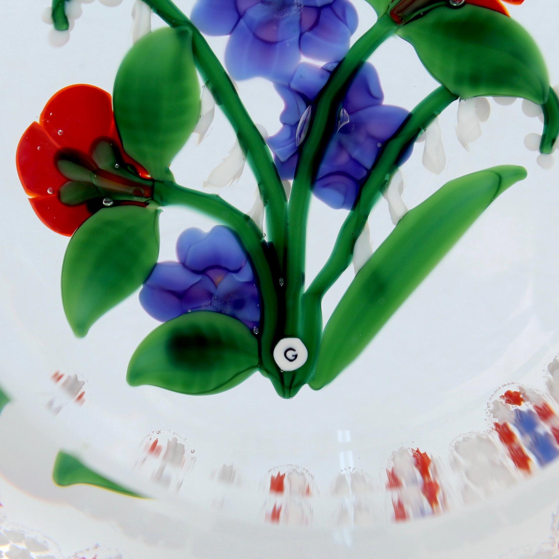 Art Glass Randall Grubb Flat Flower Bouquet Glass Paperweight with a Millefiori Garland For Sale