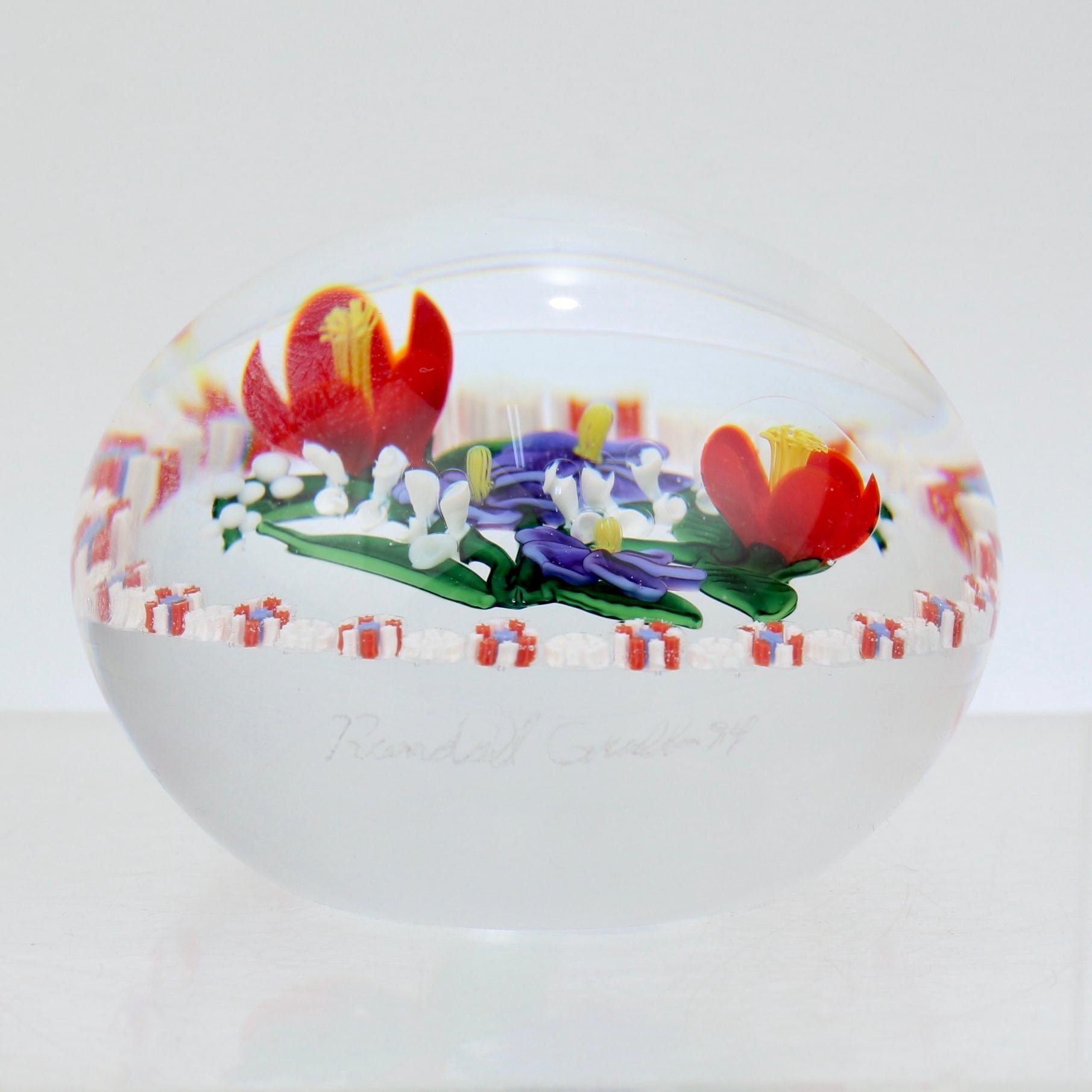 Randall Grubb Flat Flower Bouquet Glass Paperweight with a Millefiori Garland For Sale 1