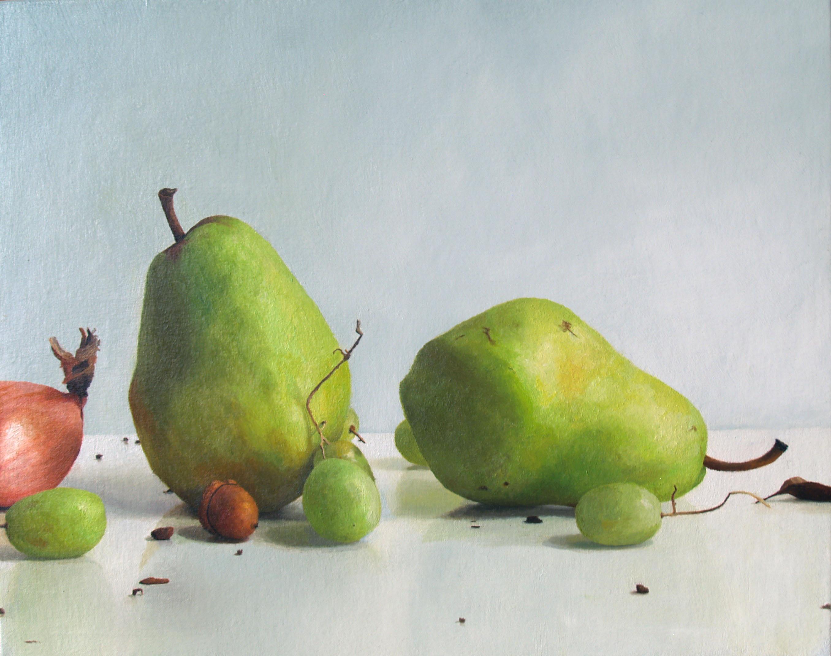 Randall Mooers Still-Life Painting - Two Pears with Grapes and Shallot 