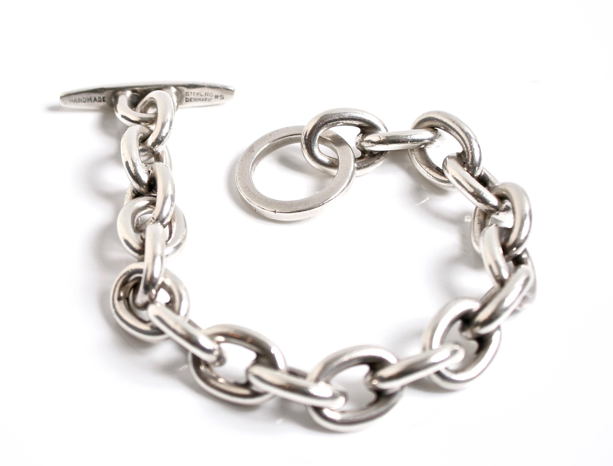 Heavy link sterling silver hand made chain bracelet designed by Randers Denmark c.1970 signed RS Denmark Rounded links with large O ring

