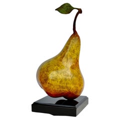 Pear With Leaf Patinated Bronze Sculpture