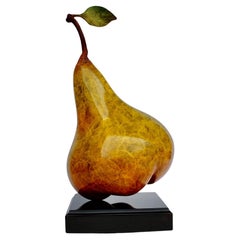Pear With Leaf Patinated Bronze Sculpture 