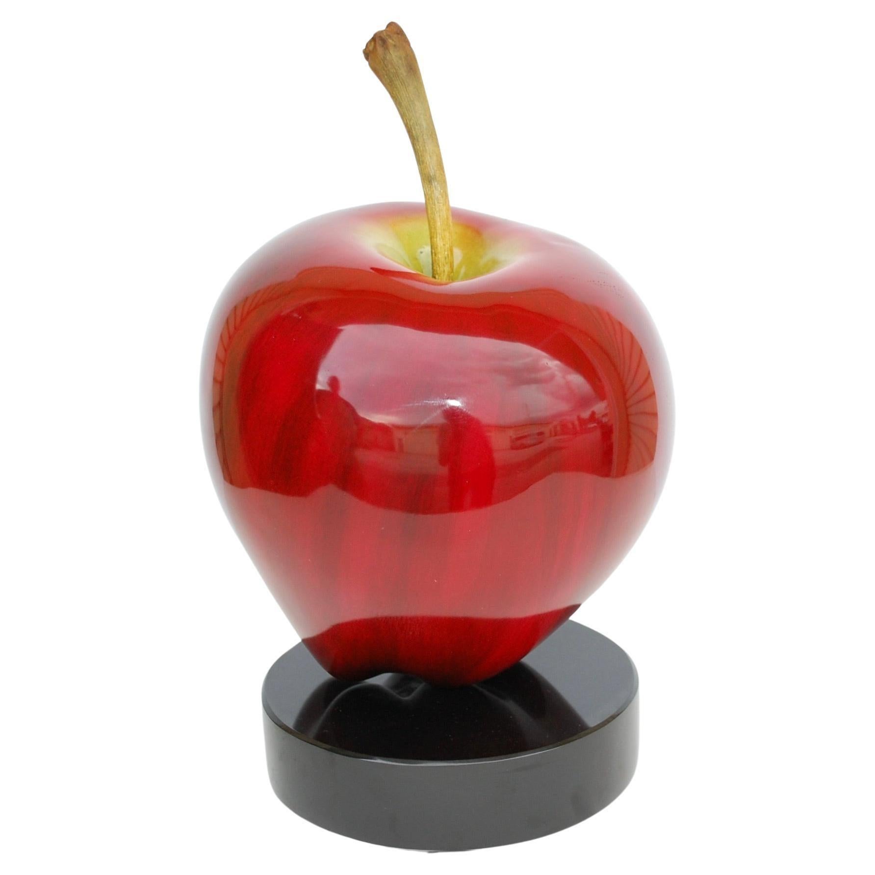 Large Bronze Red Apple Sculpture On Marble Base For Sale 3