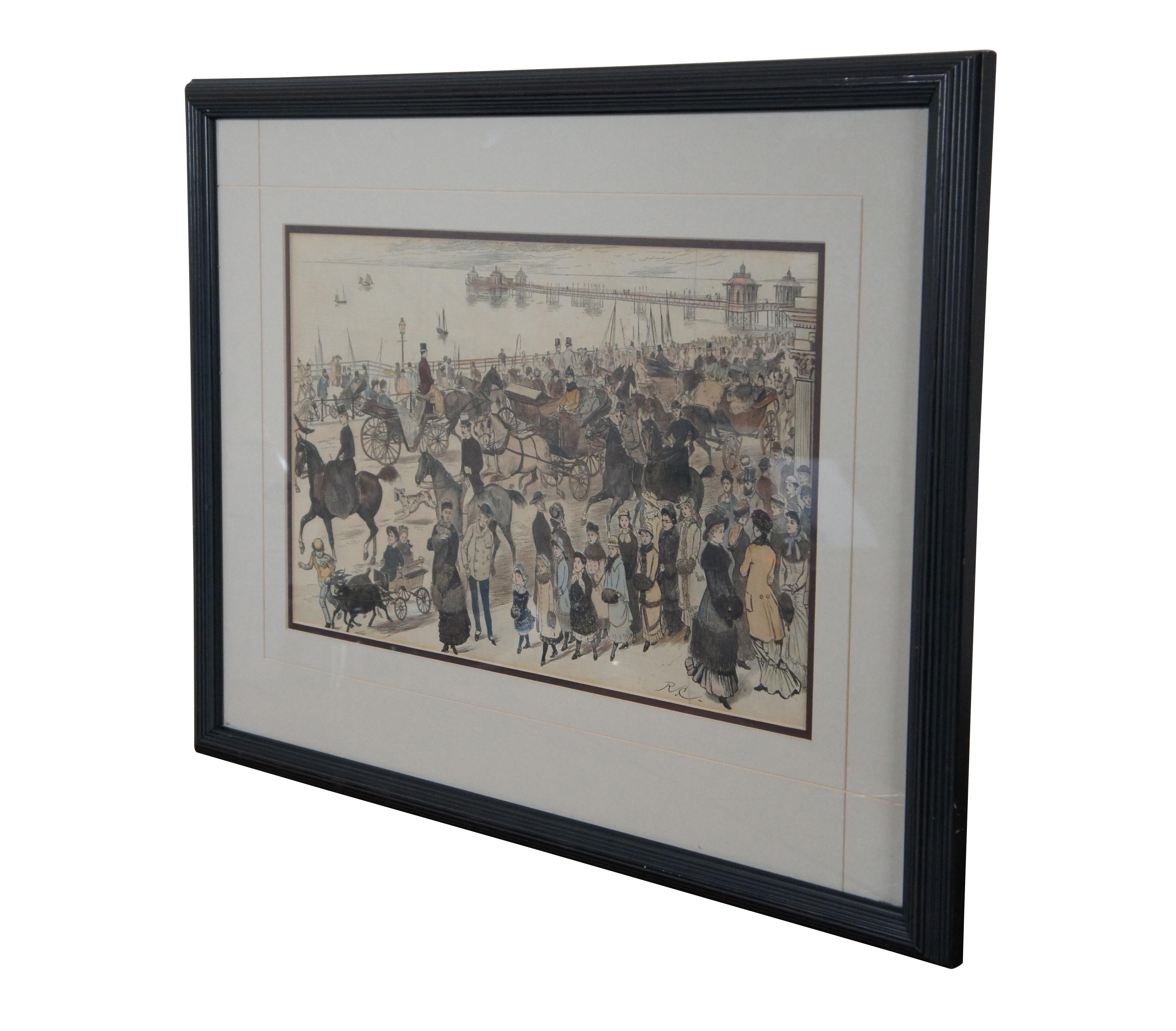 Circa 1879 hand colored engraving titled “Afternoon in the King’s Road” by Randolph Caldecott, showing a throng of people in winter clothing walking along the pier next to the main thoroughfares of the seaside town of Brighton. Published in The