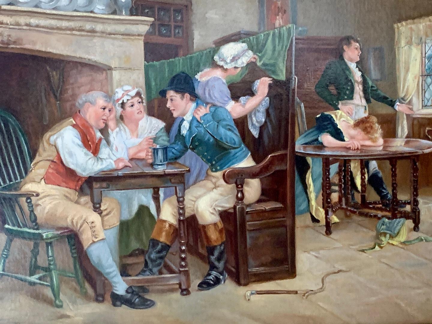 !9th century English Pub interior , with Huntsmen and figures drinking - Painting by John Lomax