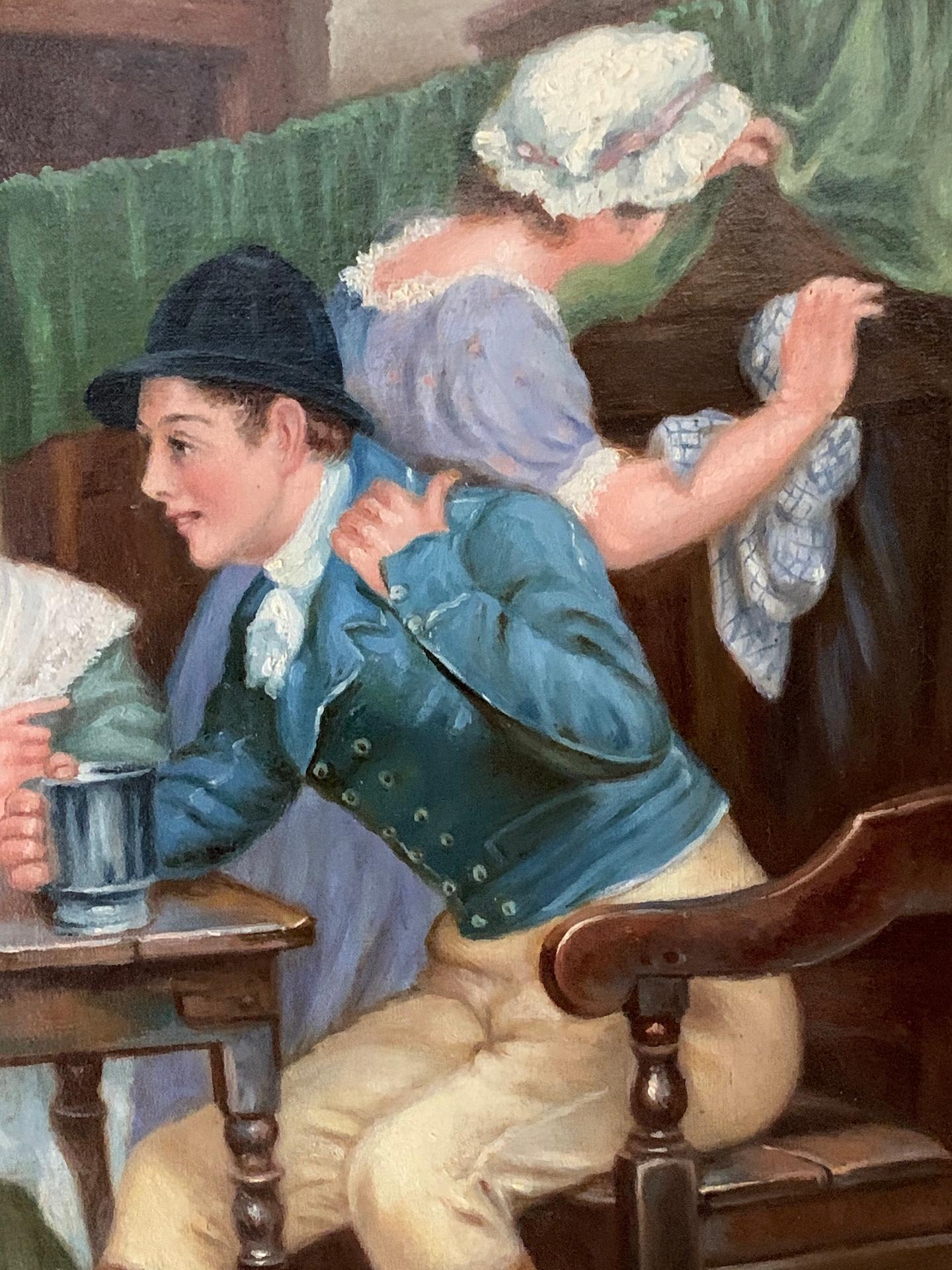 !9th century English Pub interior , with Huntsmen and figures drinking - Victorian Painting by John Lomax