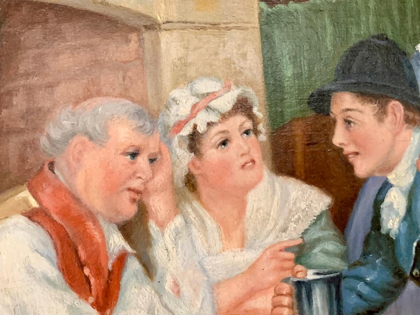 Attributed to Randolph Caldecott, a well-known English painter, and illustrator of English Pub interior scenes. 

The scene is great fun, as we can see different groups all enjoying the Classic English Pub interior. 

The artist was known in the