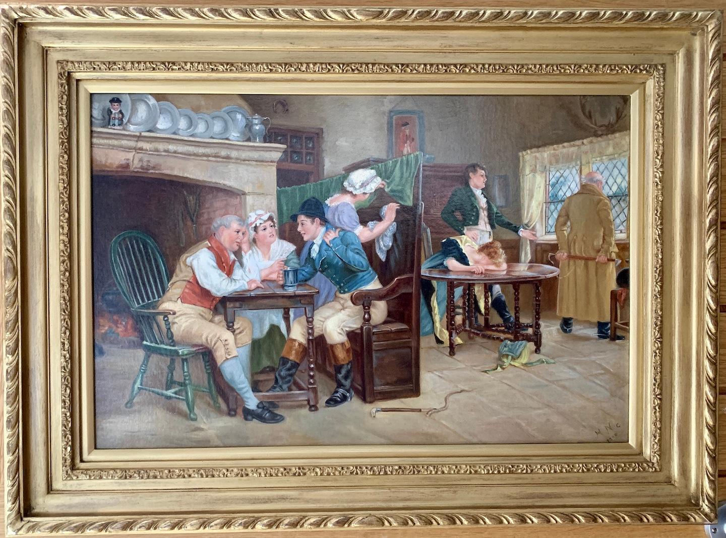 Interno di un pub inglese del IX secolo, con cacciatori e figure che bevono