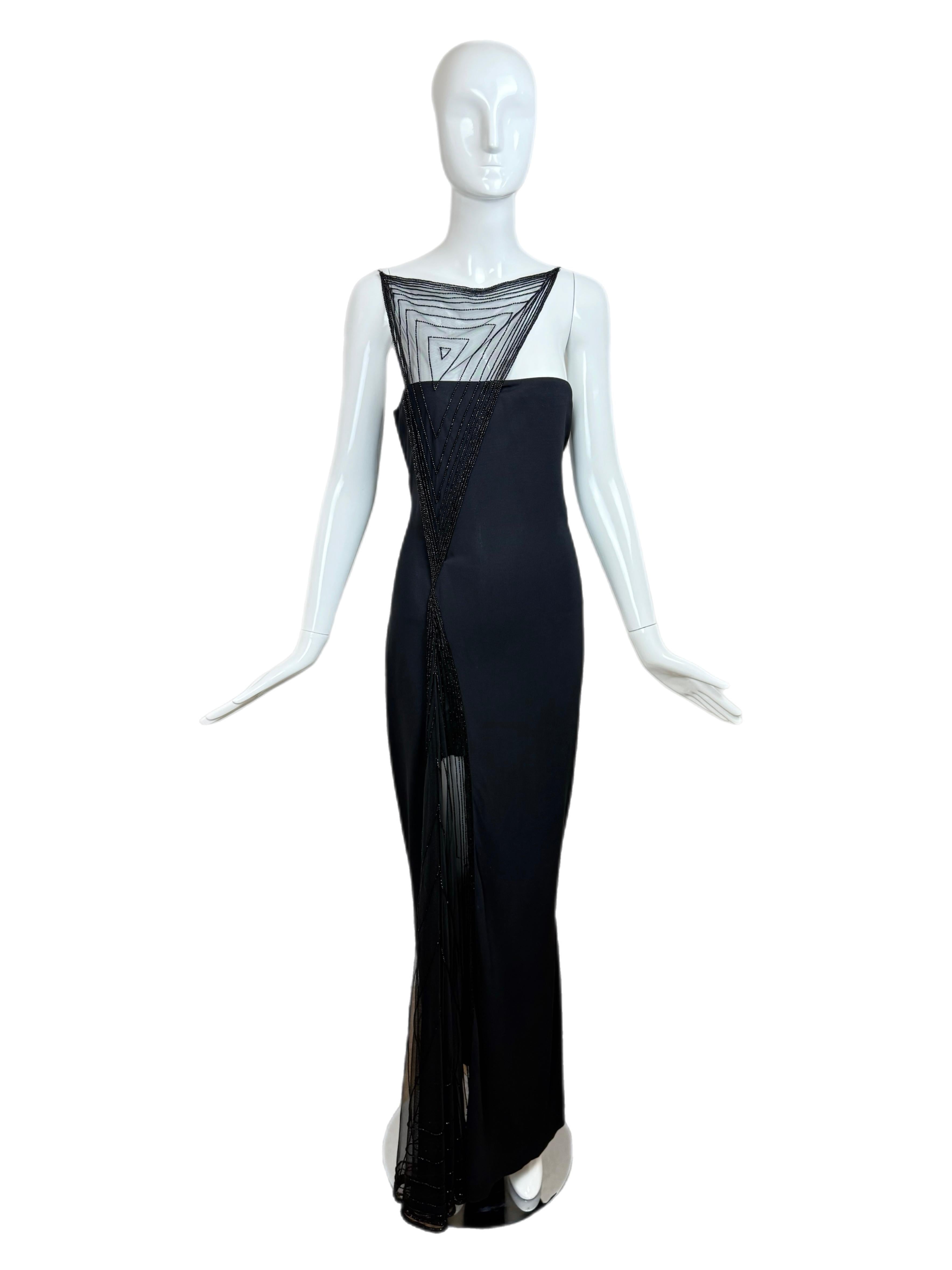 RANDOLPH DUKE 1999 Vintage Schwarzes halbdurchsichtiges Abendkleid Maxikleid mit Perlenbesatz, Vintage im Angebot 1