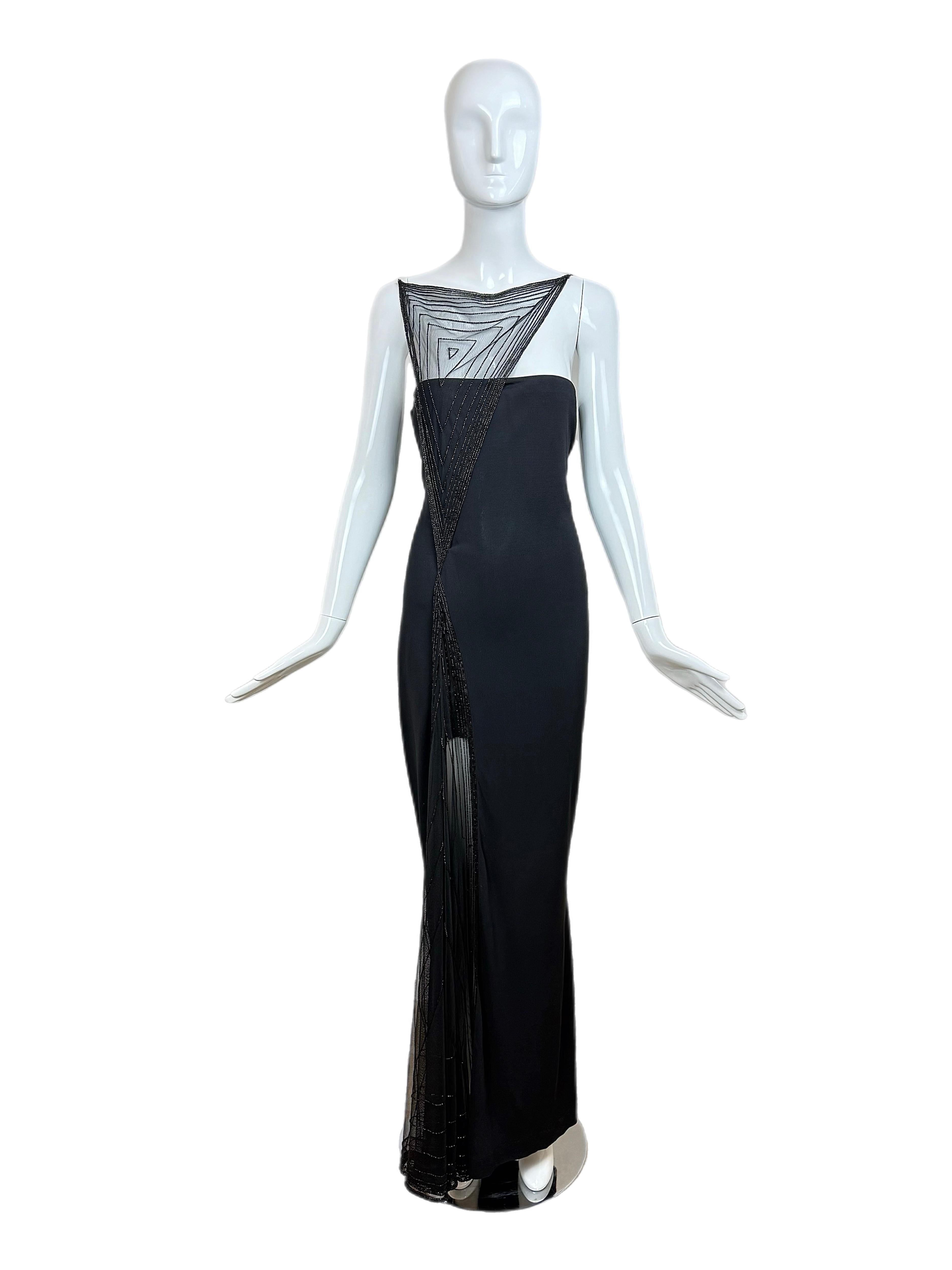 RANDOLPH DUKE 1999 Vintage Schwarzes halbdurchsichtiges Abendkleid Maxikleid mit Perlenbesatz, Vintage im Angebot 2