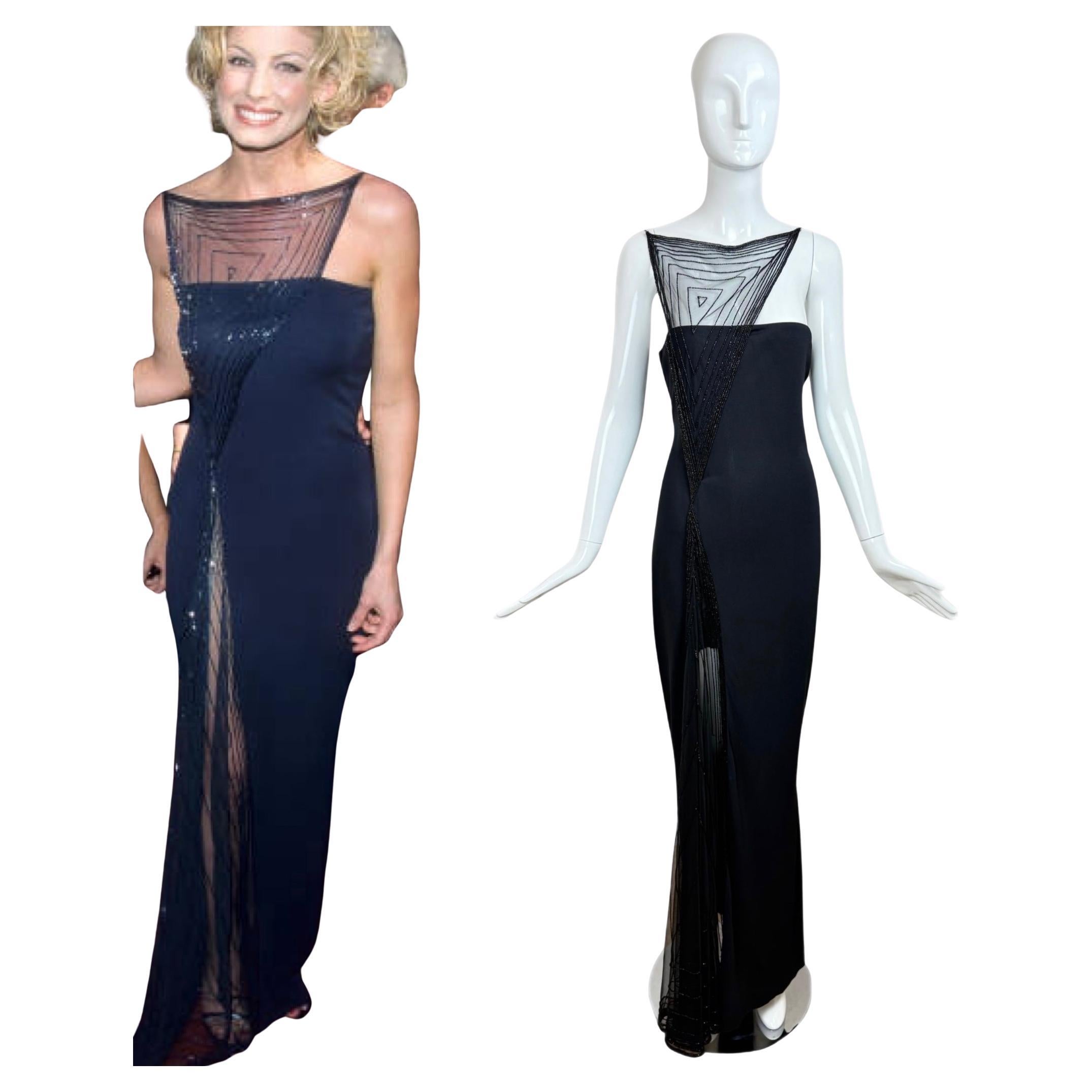 RANDOLPH DUKE 1999 Vintage Schwarzes halbdurchsichtiges Abendkleid Maxikleid mit Perlenbesatz, Vintage im Angebot